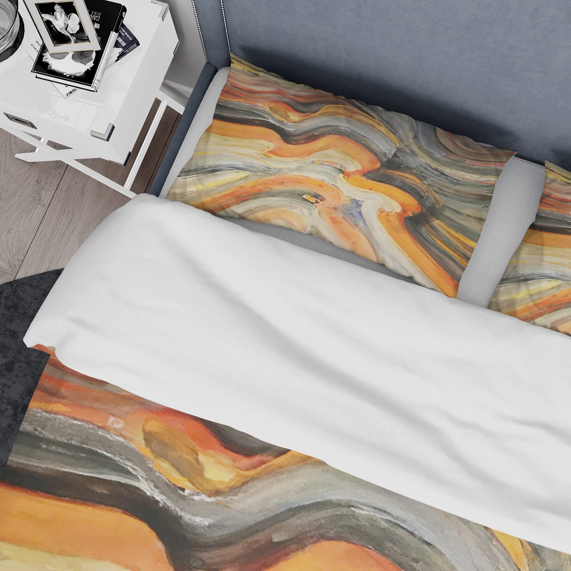 DesignQ Abstract Gilded Orange Waves Modern Duvet Cover Set - Queen Size Gold Bedding Set with 3 Pieces (Duvet Cover + 2 Pillowcases) - Contemporary All-Season Luxury Bedding for Master Bedroom, Guest Room & Hotel Decor