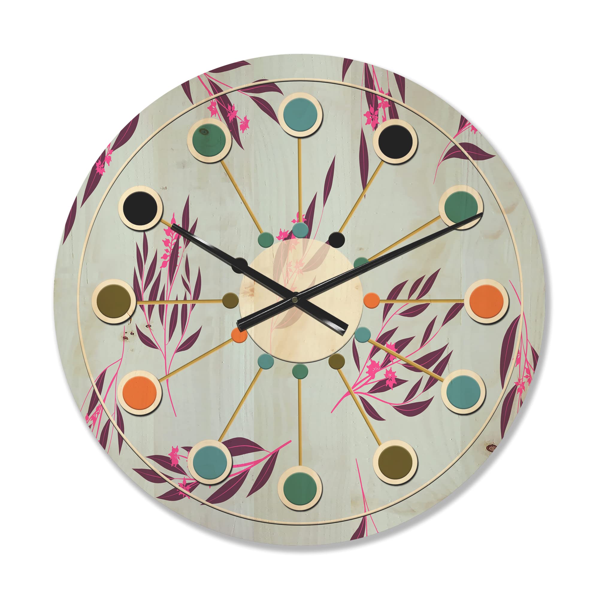 DesignQ 'Bright Eucalyptus Floral Retro Pattern I' Mid-Century Modern Large Wood Wall Clock - Oversized Decorative Wooden Clock for Living Room, Bedroom & Office Décor - Perfect Vintage Home Decor & Unique Wall Art Gift