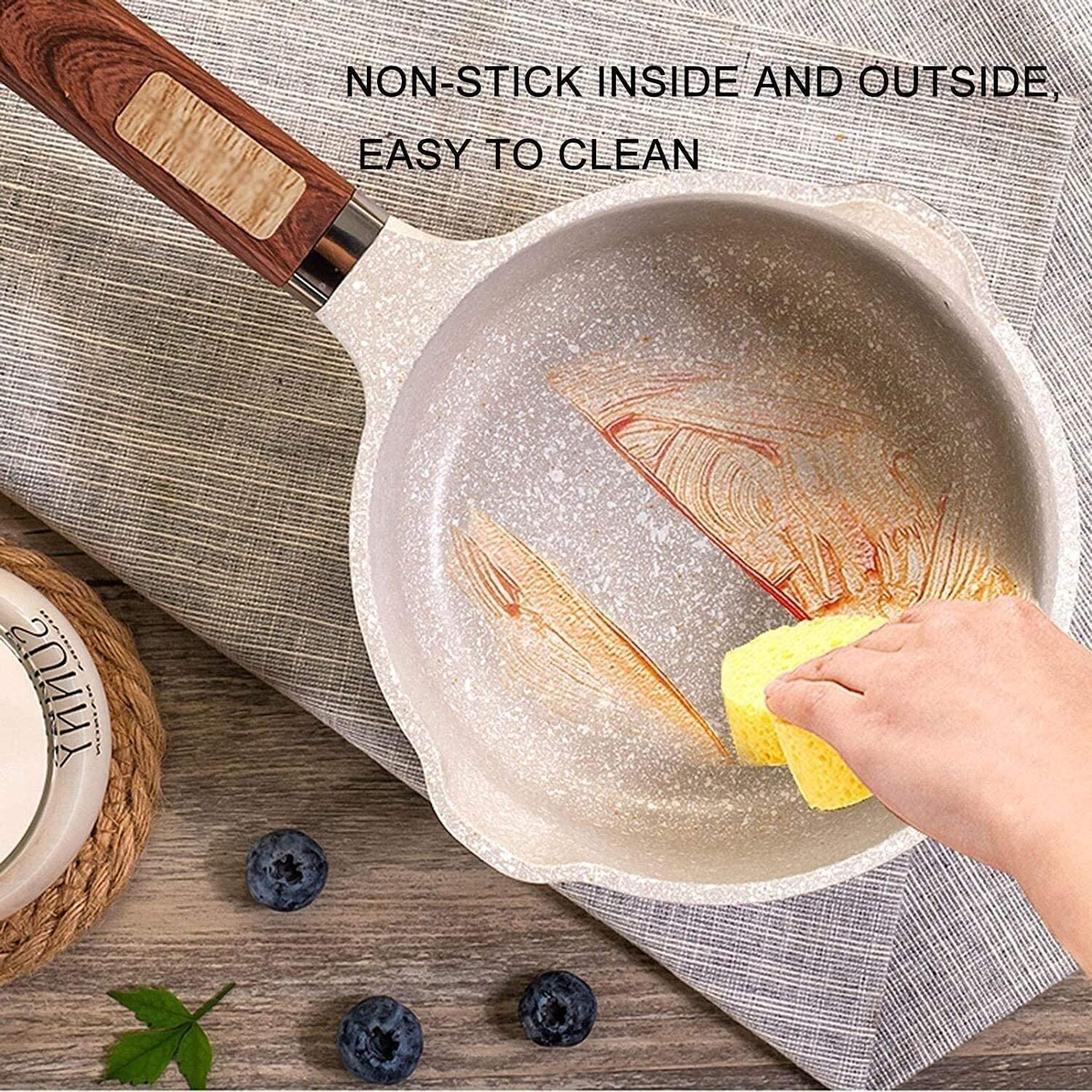 Non-Stick Wok Maifan Stone Pot with Wooden Handle - 18cm Multi-Functional Cooking Pot for Soup, Milk, Boiling & Stir-Frying - Perfect for Home Kitchen & Asian Cuisine