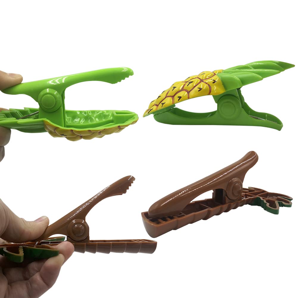 4 Pack Large Plastic Beach Towel Clips - Palm Tree & Pineapple Design - Strong Clothespins for Hanging Towels on Beach Chairs, Pool Loungers & Cruise Chairs - Perfect for Vacation, Swimming & Outdoor Relaxation