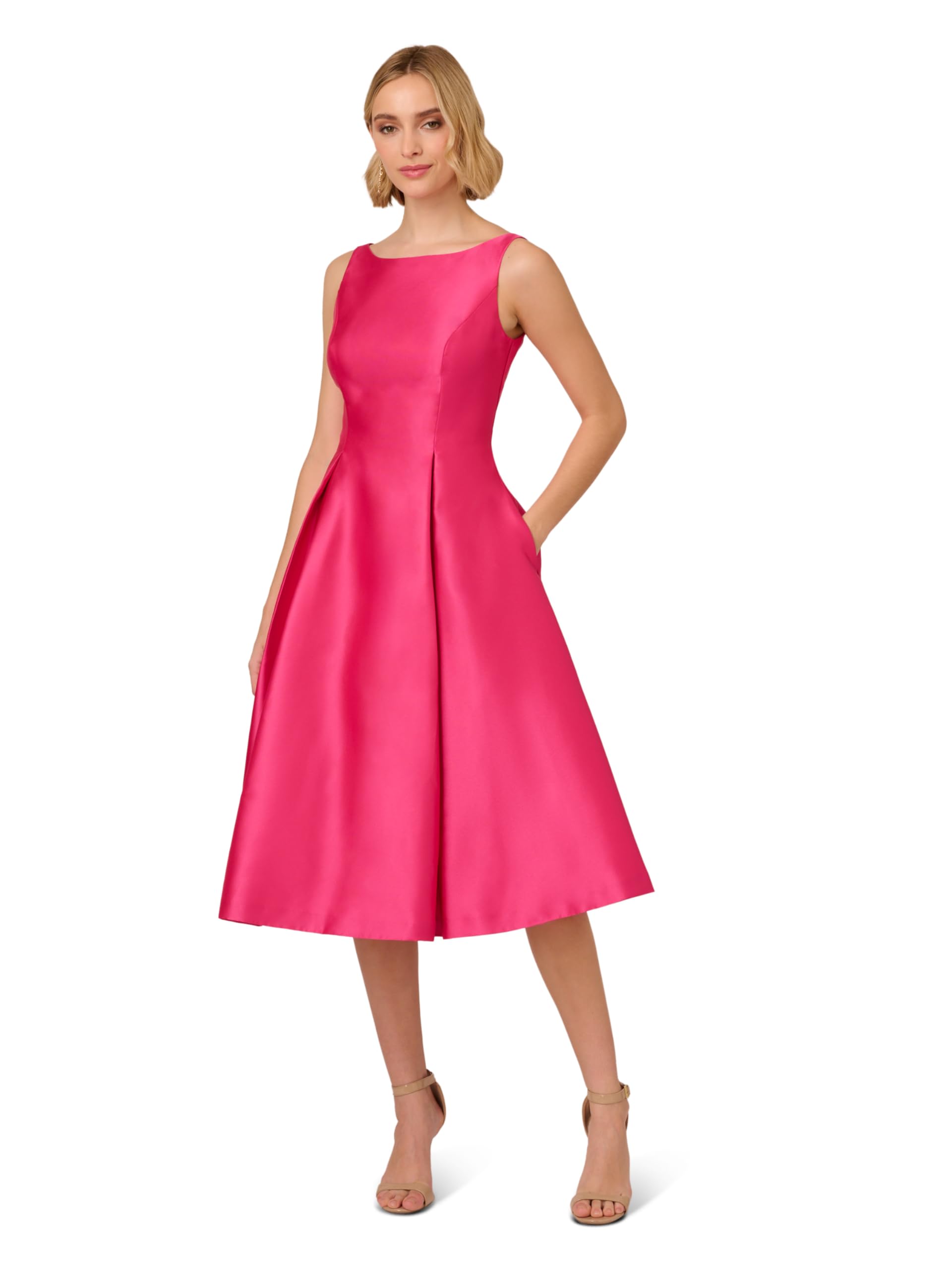Adrianna Papell Women's Sleeveless Tea Length Cocktail Dress for Party, Wedding & Special Occasions | Elegant A-Line Formal Gown with Beaded Neckline