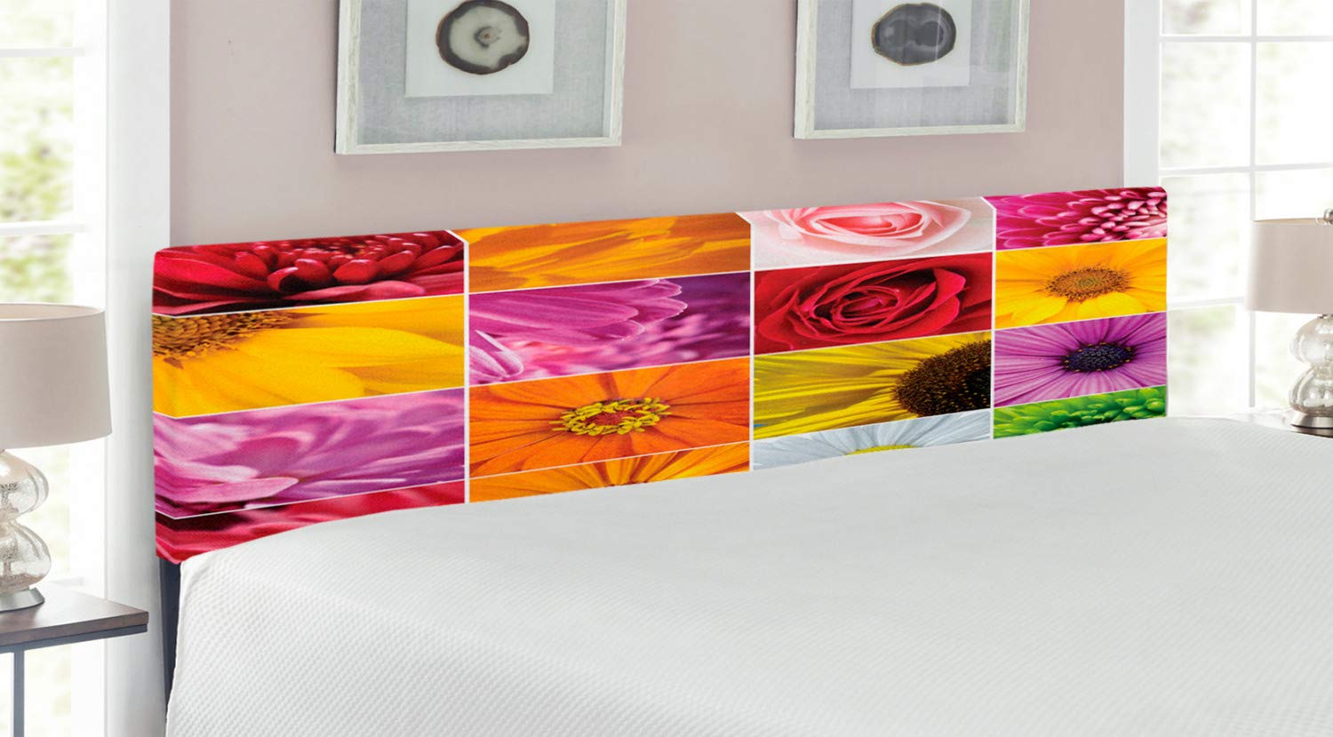 Ambesonne Floral Upholstered Headboard - King Size Bed Frame with Memory Foam, Chrysanthemum Rose Sunflower Violet Design in Orange Yellow Pink | Romantic Bedroom Decor for Master Bedroom, Guest Room & Bridal Suite