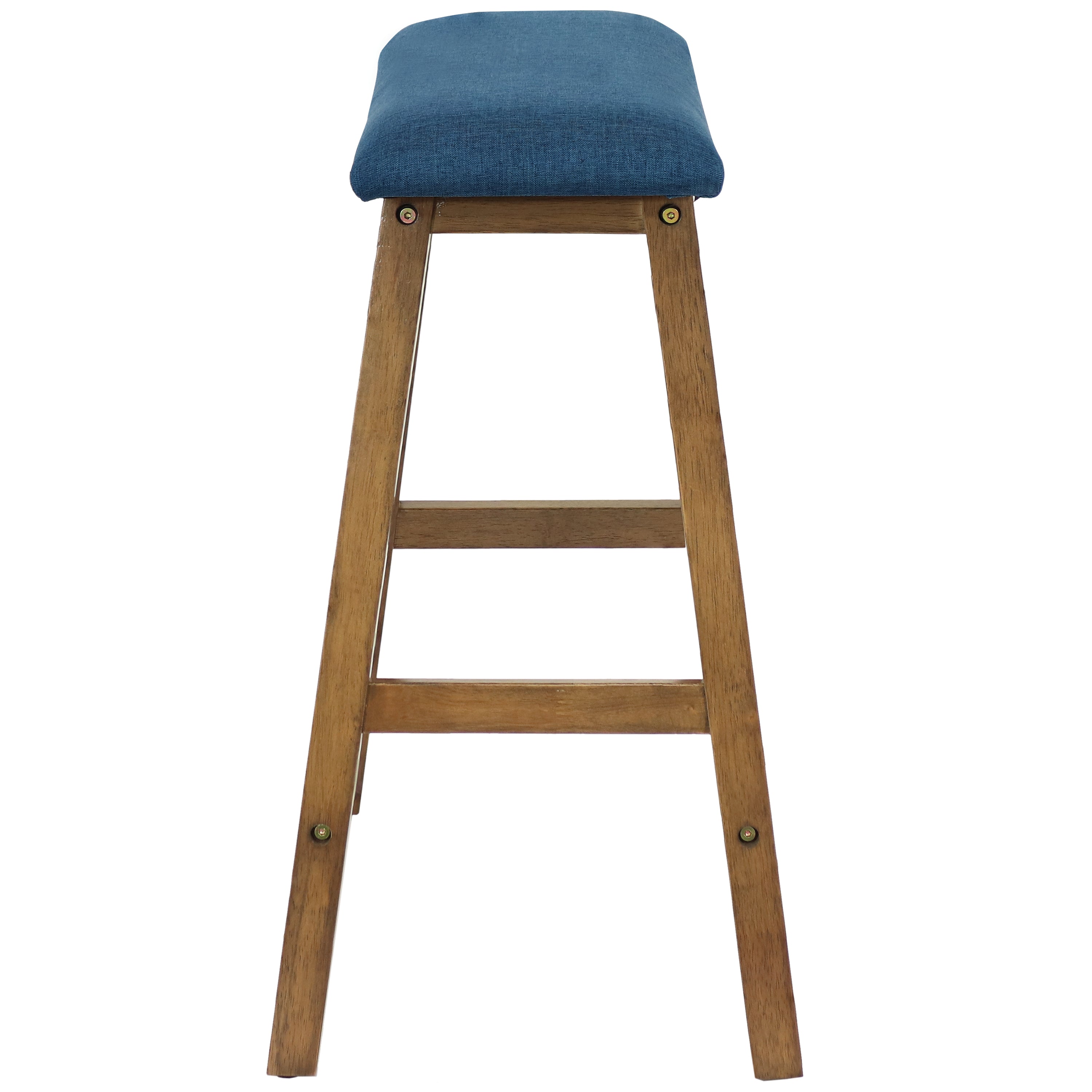 Sunnydaze Set of 2 Counter Height Bar Stools - Weathered Oak Finish with Blue Cushions - Perfect for Kitchen Island, Breakfast Nook & Home Bar Decor