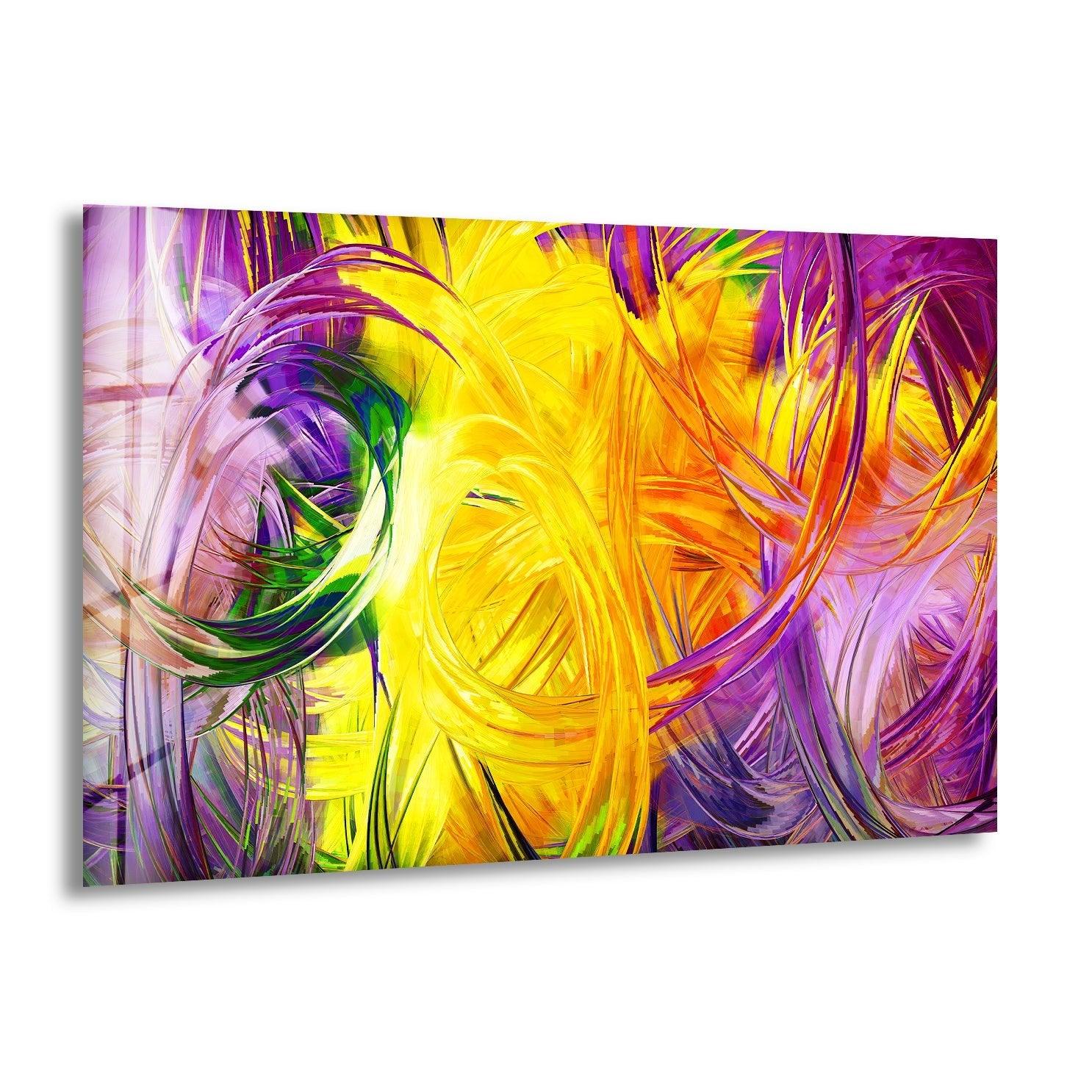 Abstract Art Yellow Fractal Glass Wall Decor - Modern Geometric Artwork for Living Room, Bedroom & Office Decor