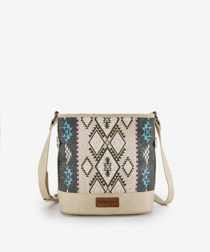 Wrangler Aztec Print Canvas Bucket Bag for Women - Stylish Crossbody Purse with Adjustable Strap, Perfect for Travel, Shopping & Everyday Use