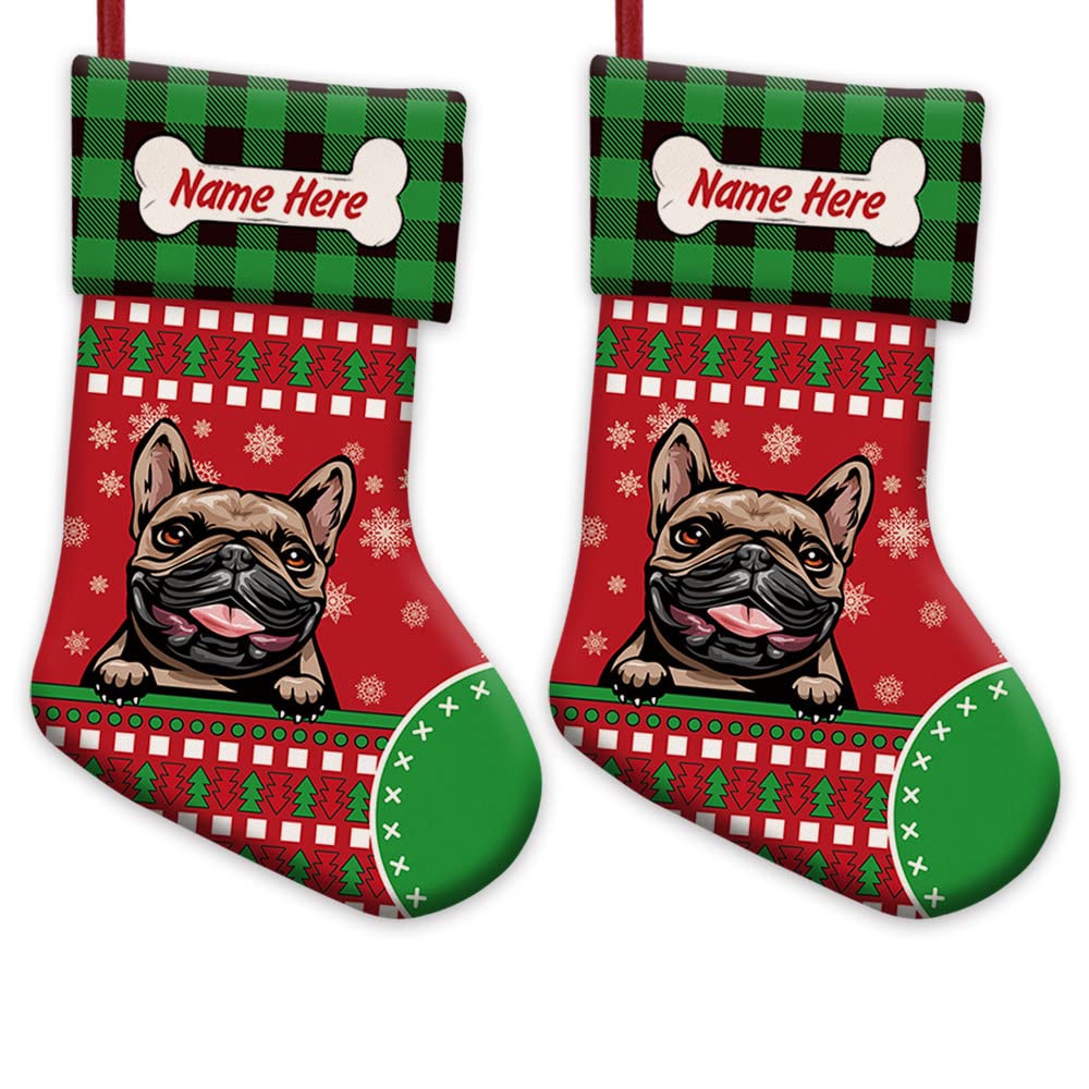2 Pack Custom Merry Christmas Stockings - Red Buffalo Plaid with Cute French Bulldog Dog & Bone Design, 14.4 Inch Holiday Decor for Fireplace Mantel, Xmas Tree, and Festive Home Decorations