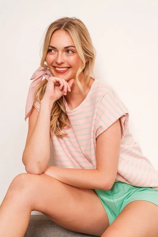 Pink Striped Muscle Sleeve T-Shirt for Women - Trendy Gym & Casual Wear - Perfect for Workouts, Running & Street Style Fashion