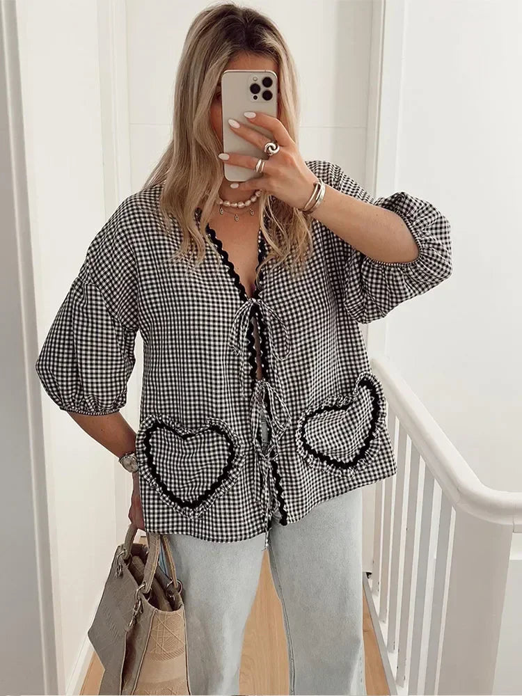 Women's Fashion Plaid Ruffle Lace-Up Blouse - Sweet V-Neck, Puff Sleeves & Heart Pocket Top for Casual Streetwear | Perfect for Date Nights, Office Wear & Spring Outfits