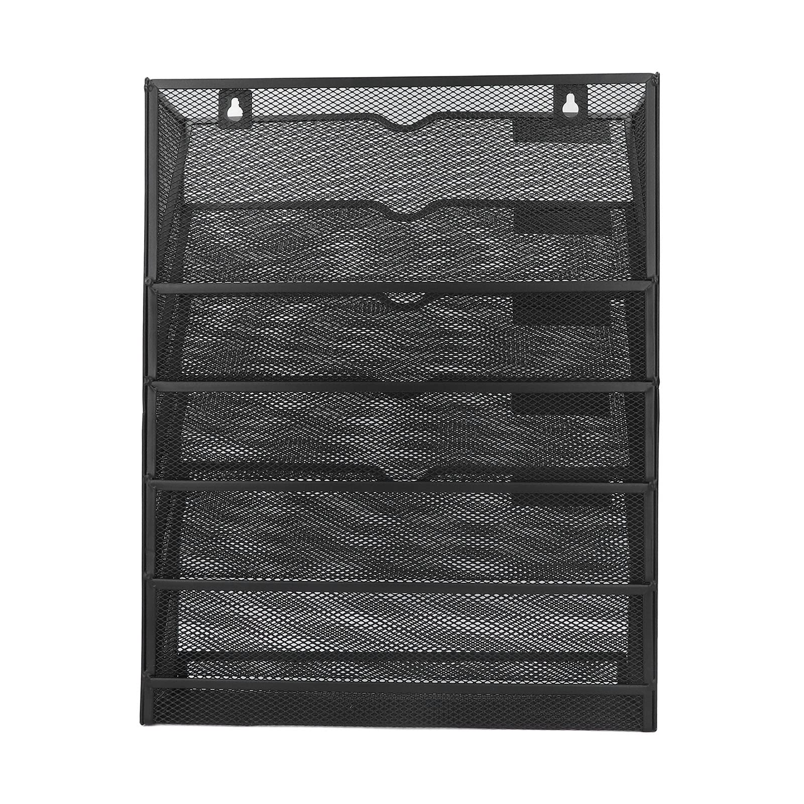 5-Pocket Mesh Hanging Wall File Organizer - Space Saving Wall Mount Document Holder with Stable Base for Office & Home (Black) - Perfect for Organizing Bills, Receipts, and Important Papers