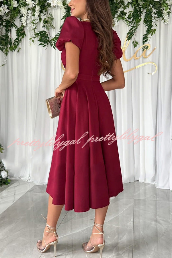 Zayla Women's Solid Color Puff Sleeve V-Neck Waist Slim Fit Midi Dress - Elegant Party, Wedding Guest & Office Wear