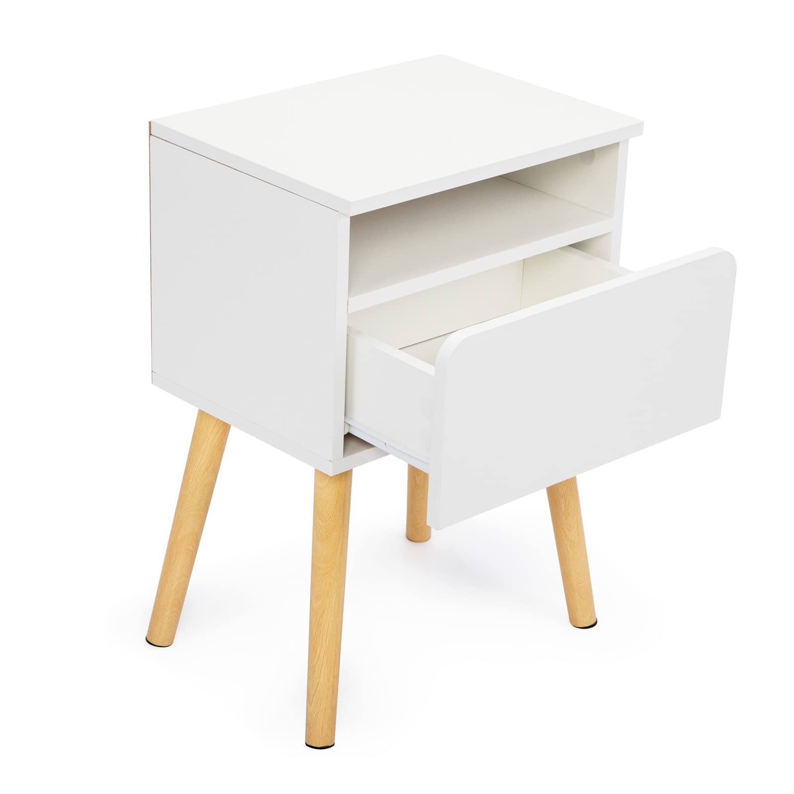VERYKE Modern Wooden Nightstand Set of 2 - Bedroom End Tables with Drawer & Open Shelf, Solid Wood Legs Accent Side Table for Living Room, Bedroom, or Office (White) - Perfect for Storing Books, Lamps, and Bedroom Essentials