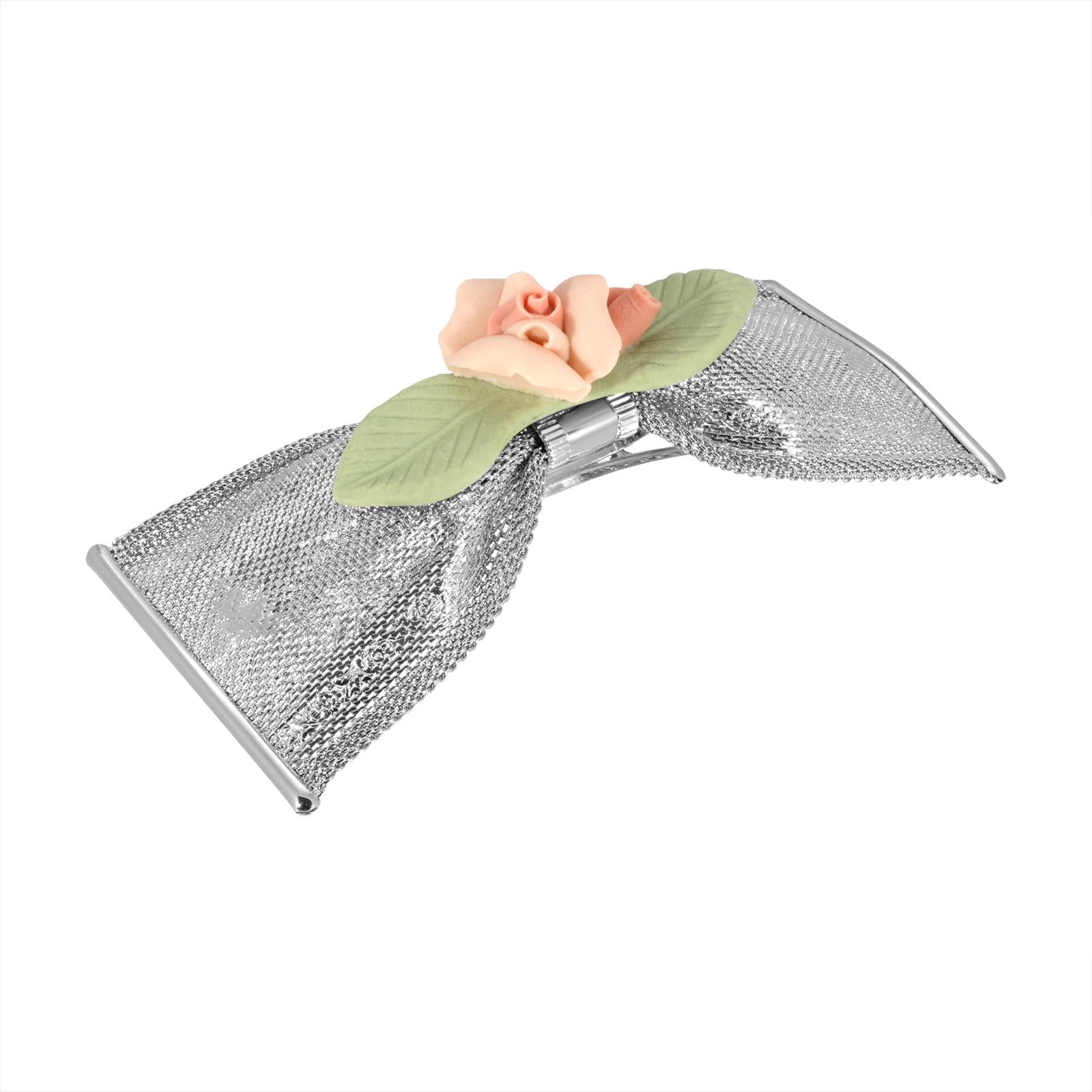 1928 Vintage Jewelry Pink & Green Porcelain Flower Hair Clip - Elegant Mesh Bow Hair Barrettes for Women, Girls (Wedding, Party, Prom, Daily Wear)