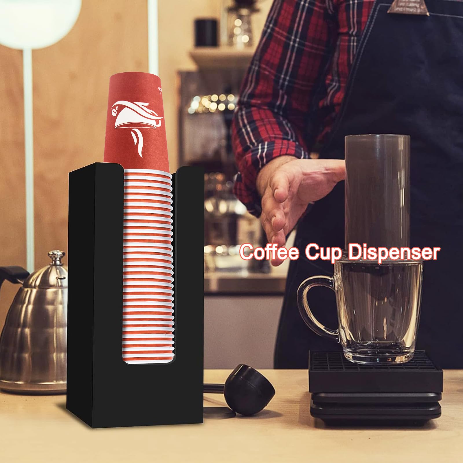 MYITYARD Acrylic Coffee Cup Dispenser - Organizer for 5-16 oz Disposable Paper & Plastic Cups with Lids - Black Countertop Cup Holder for Office, Coffee Shop & Home Use