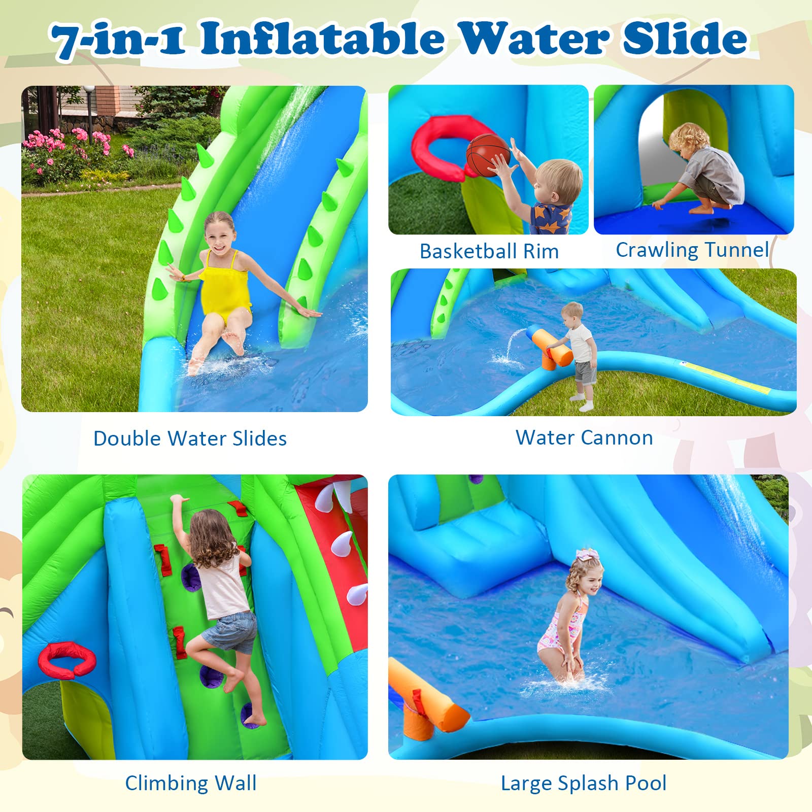**HONEY JOY 7-in-1 Inflatable Water Slides for Kids - Crocodile Splash & Slide Water Park with Climbing Wall, Long Slide, Crawl Tunnel & Splash Pool - Outdoor Blow Up Water Park for Backyard (Blower Not Included) - Perfect for Summer Parties, Family Fun & Backyard Adventures**