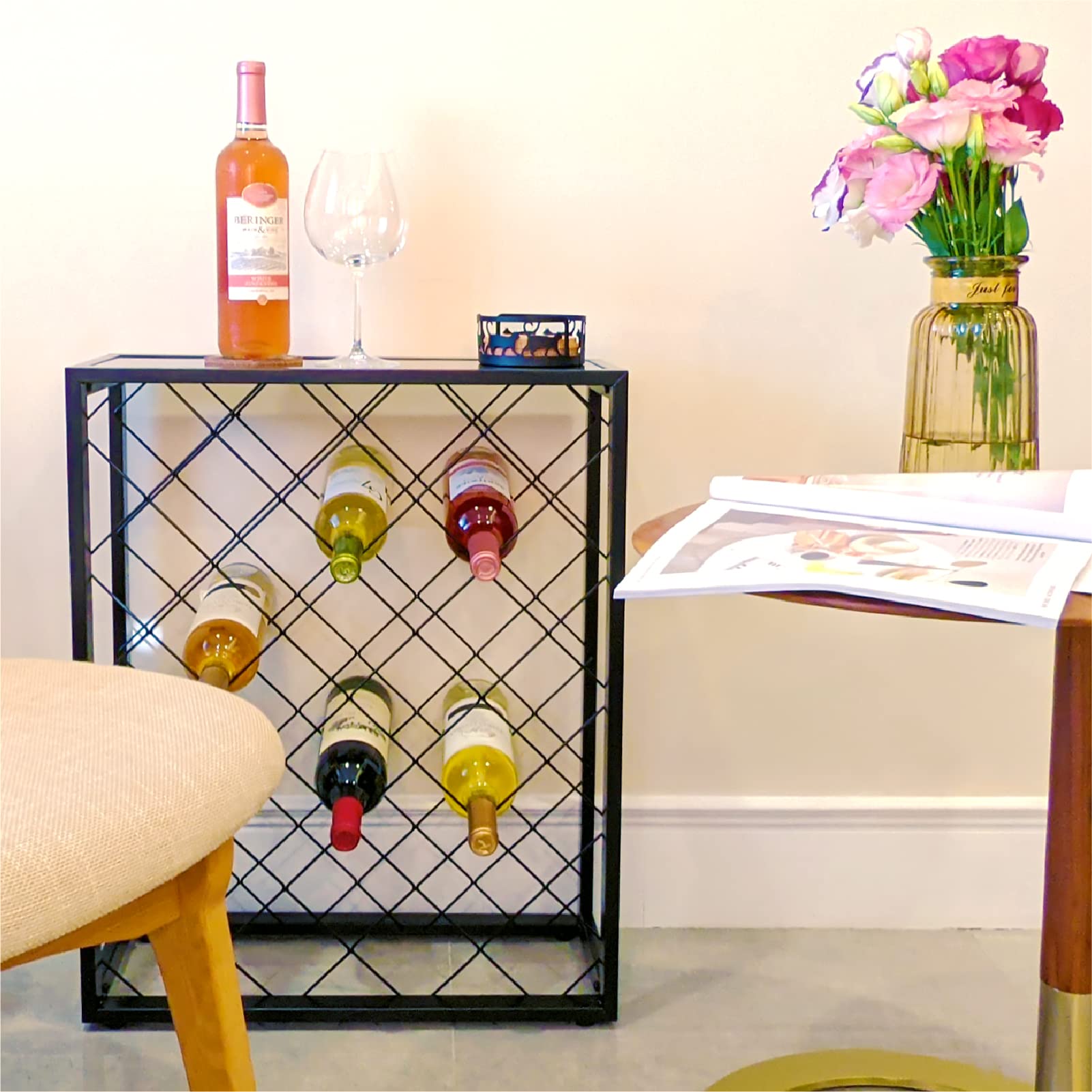 Premium 32-Bottle Mango Wood Wine Rack with Tempered Glass Top Shelf - Freestanding Wine Storage for Home, Kitchen, Bar & Dining Room - Perfect for Wine Cellars, Entertaining & Displaying Your Collection