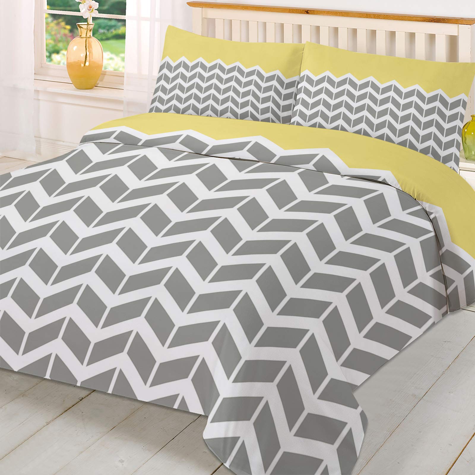 3-Piece Mid-Century Modern Geometric Duvet Cover Set - Yellow & Gray Pattern, Soft & Breathable Bedding for Kids & Adults, Includes Comforter Cover & 2 Pillow Shams - Perfect for Modern Bedrooms, Guest Rooms & Dorm Decor
