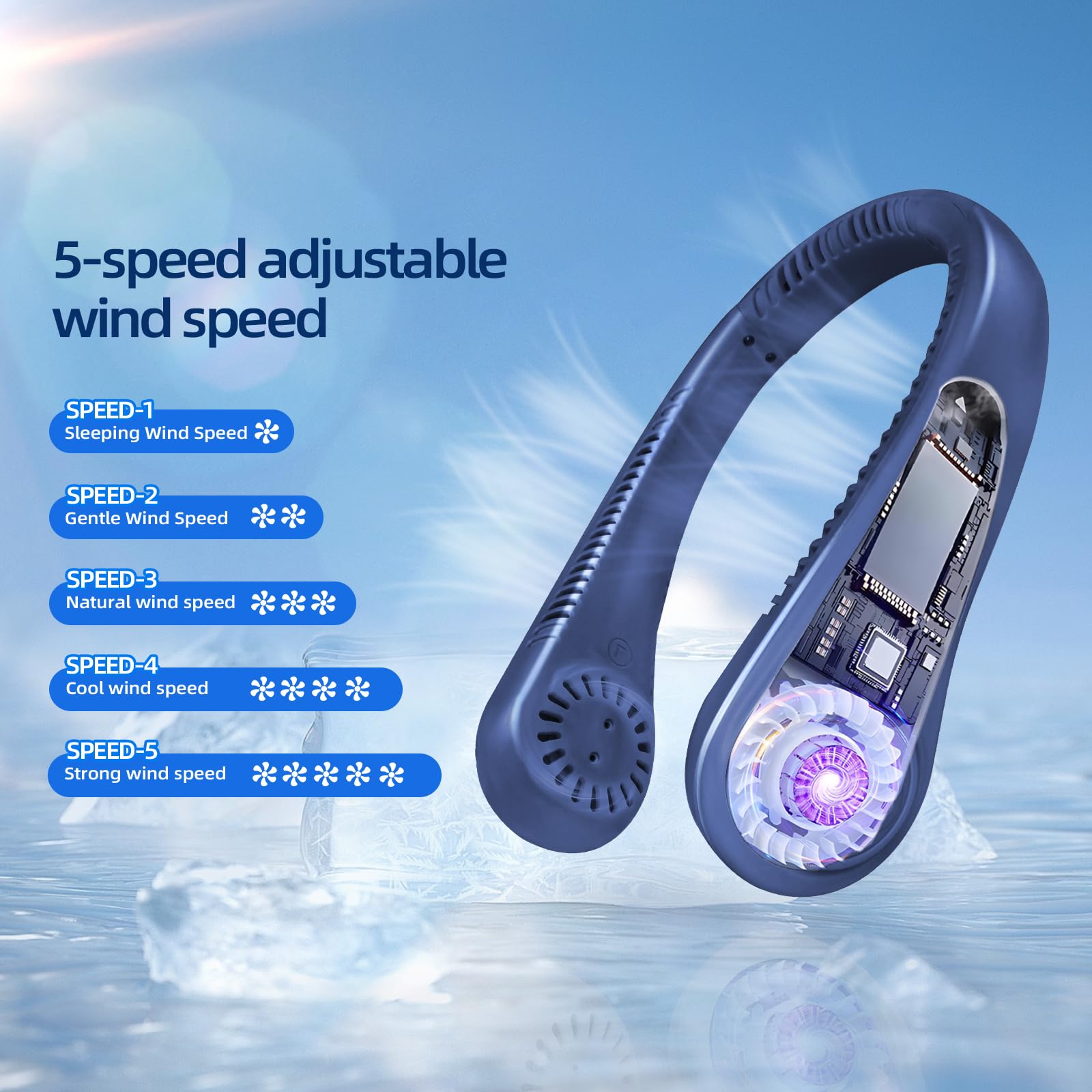 Jsdoin Portable Neck Fan - USB Rechargeable Bladeless Hanging Fan with 5 Speeds & 360° Airflow for Men and Women (Blue) - Perfect for Outdoor Activities, Sports, Travel, and Office Use