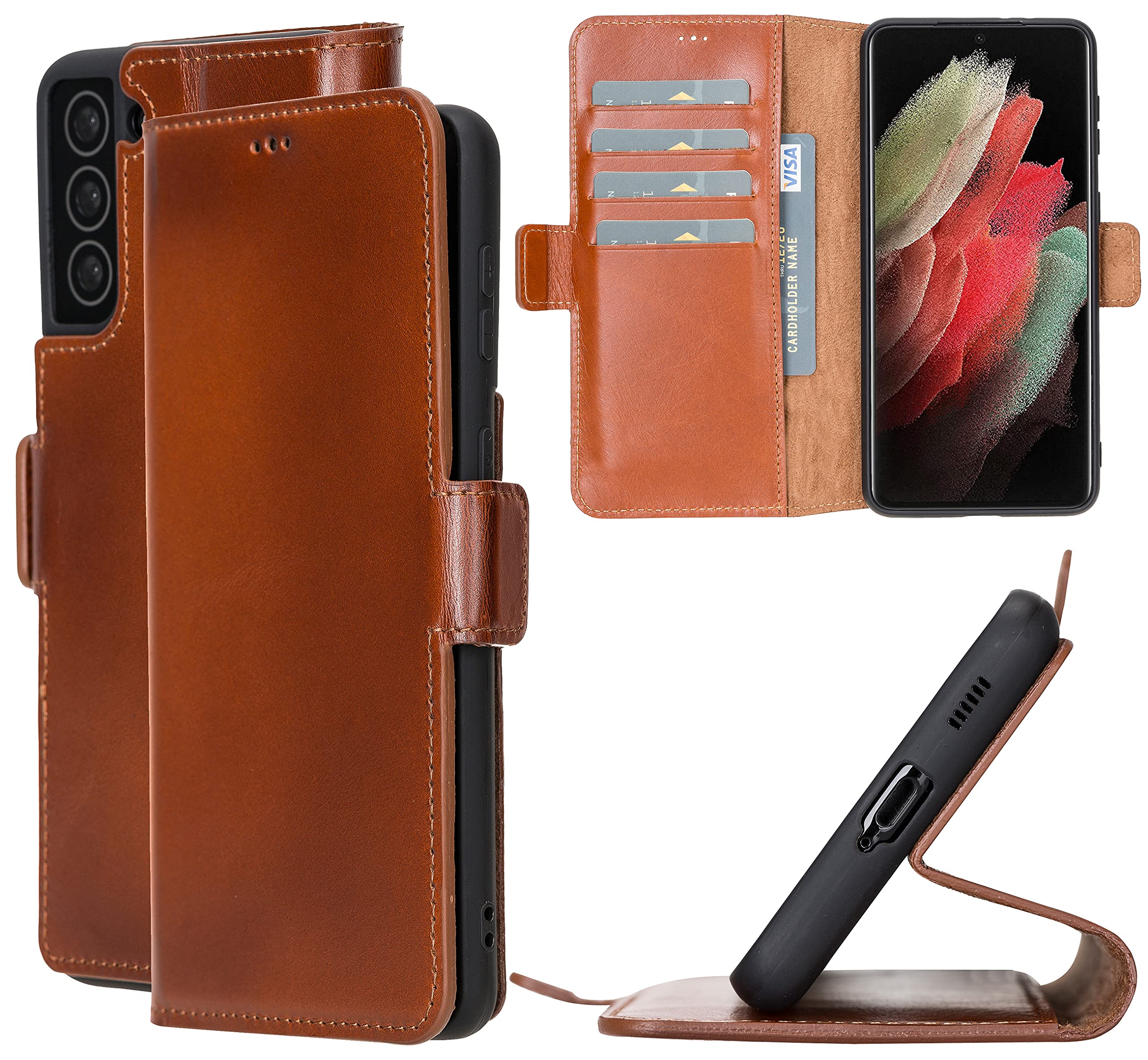 Bayelon Genuine Leather Case for Samsung Galaxy S21 Plus - Premium Full Grain Leather Wallet Phone Cover with Magnetic Closure, Card Slots & Kickstand | Perfect for Business, Travel & Everyday Use (Rustic Tan)
