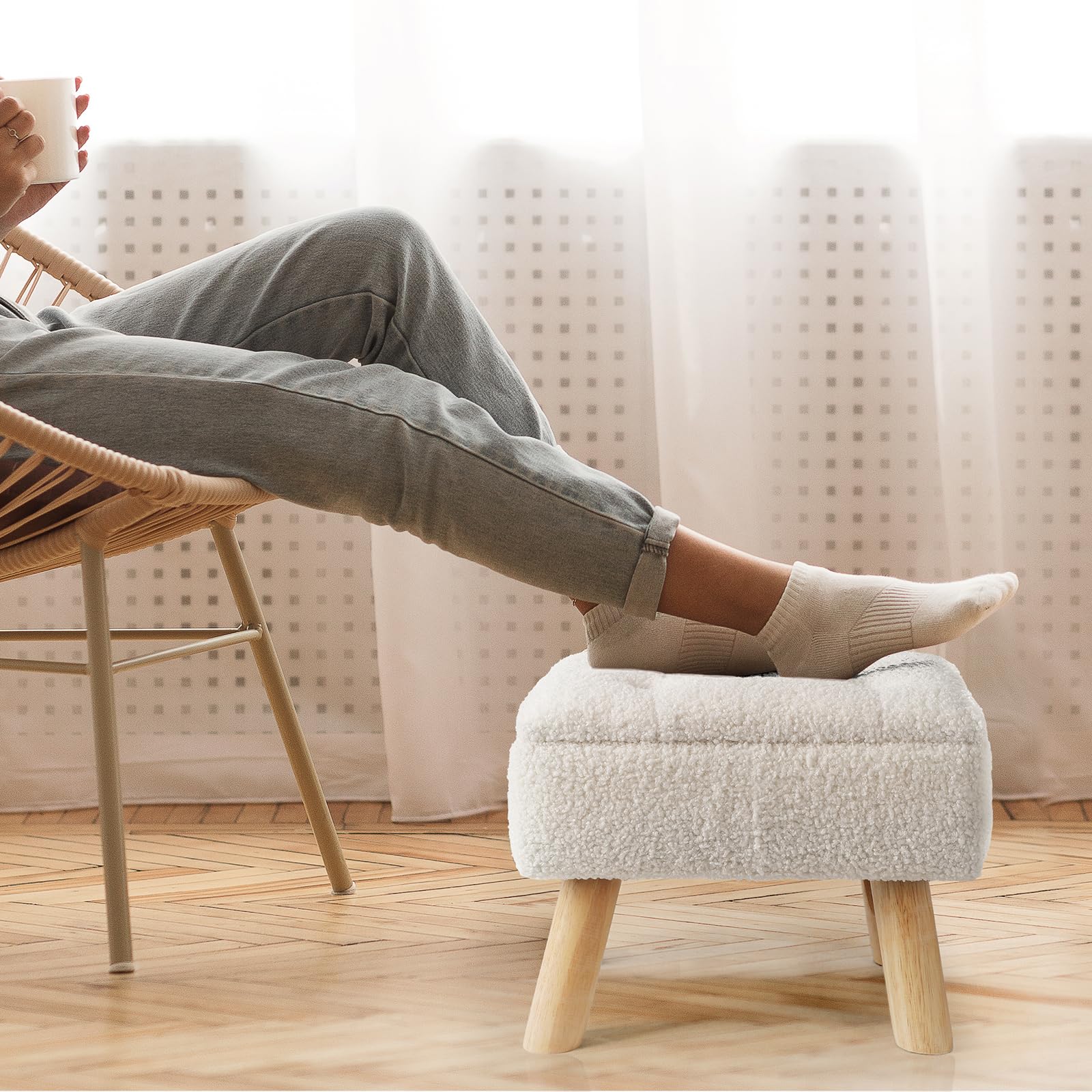 Storage Ottoman with Padded Seat - Small Boucle Teddy Velvet Foot Stool with Sturdy Wood Legs, Multi-Functional Storage Ottoman for Living Room, Bedroom & Entryway (Cream) | Perfect for Extra Seating, Foot Rest & Home Organization
