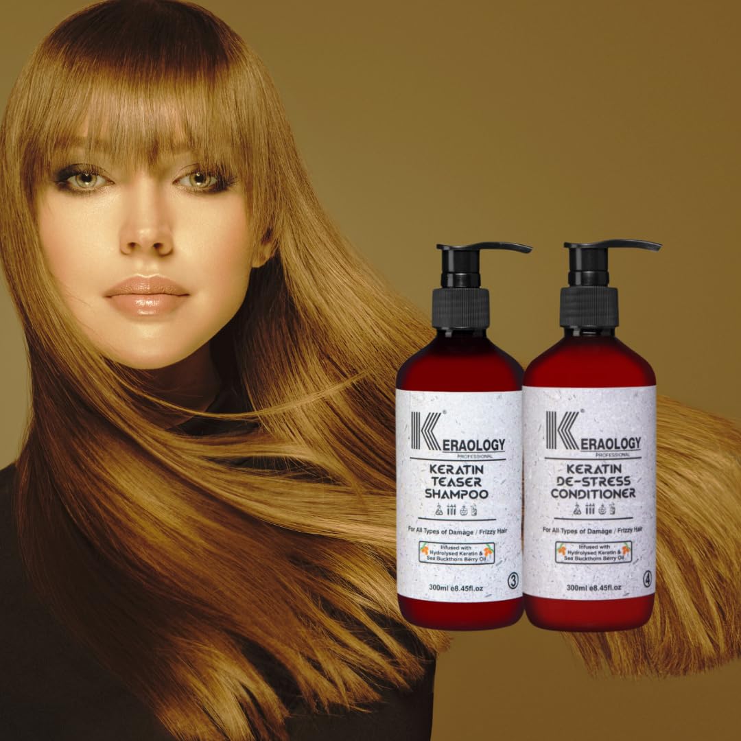 KERAOLOGY Keratin Repair Shampoo & Conditioner Set 300ml - Smooths Frizzy Hair, Repairs Damage for All Hair Types | Salon-Quality Hair Care for Daily Use & Styling