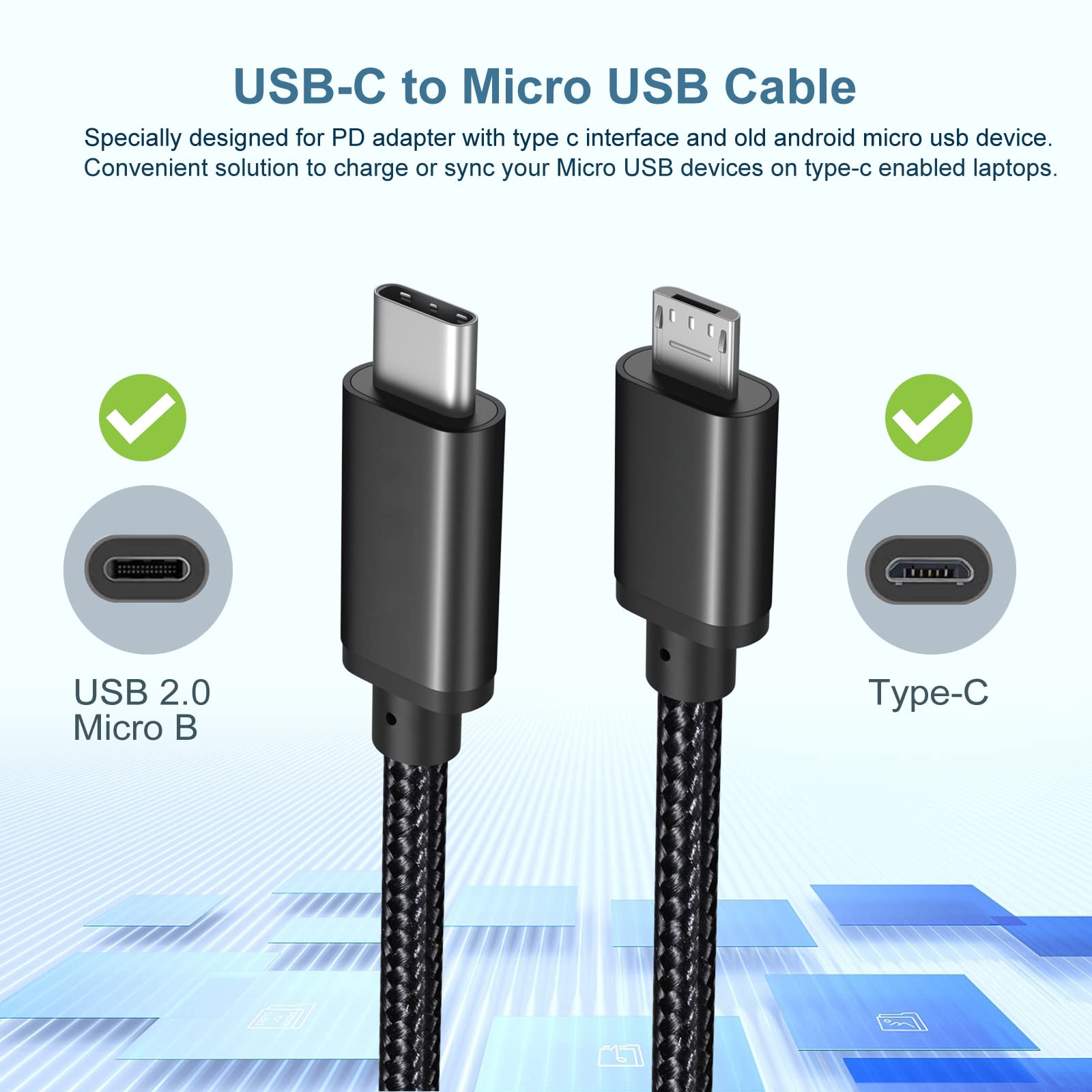 3 Pack USB-C to Micro USB Cable 3.3ft - Fast Charging & Data Sync Braided Nylon Cable for Kindle, PS4, Xbox One, Samsung Galaxy S7/S6/S5, GPS Devices - Durable OTG Charger Cord for Home, Office & Travel Use