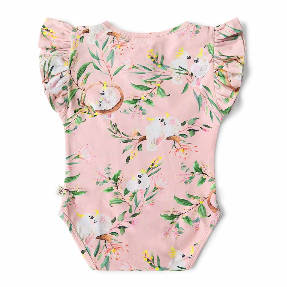 Organic Short Sleeve Frill Bodysuit for Babies - Snuggle Hunny Cockatoo Print | Soft Cotton Infant Onesie for Playtime & Photo Shoots