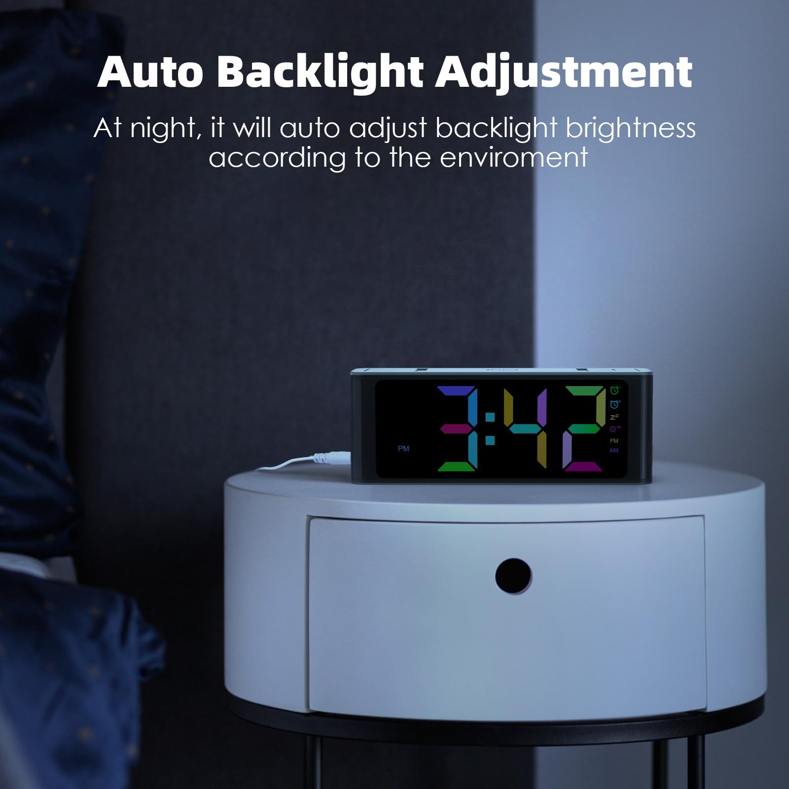 I·CODE Digital Alarm Clock with AM/FM Radio - Auto-On Timer, Dual Alarm, Snooze Function, Loud Alarm & Large RGB Display - Big Button Design for Easy Use - Perfect for Bedroom, Office, Dorm Room or Travel