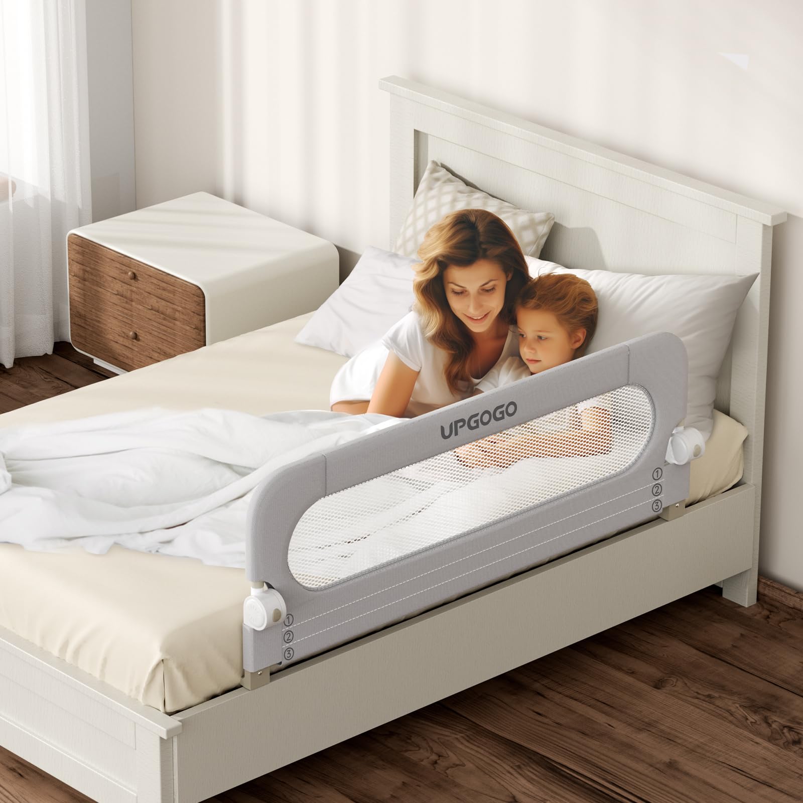 **Toddler Safety Bed Rail - Adjustable Folding Bed Guard for Kids with Reinforced Anchor System - Fits Twin, Full, Queen & King Size Beds (Grey, 71