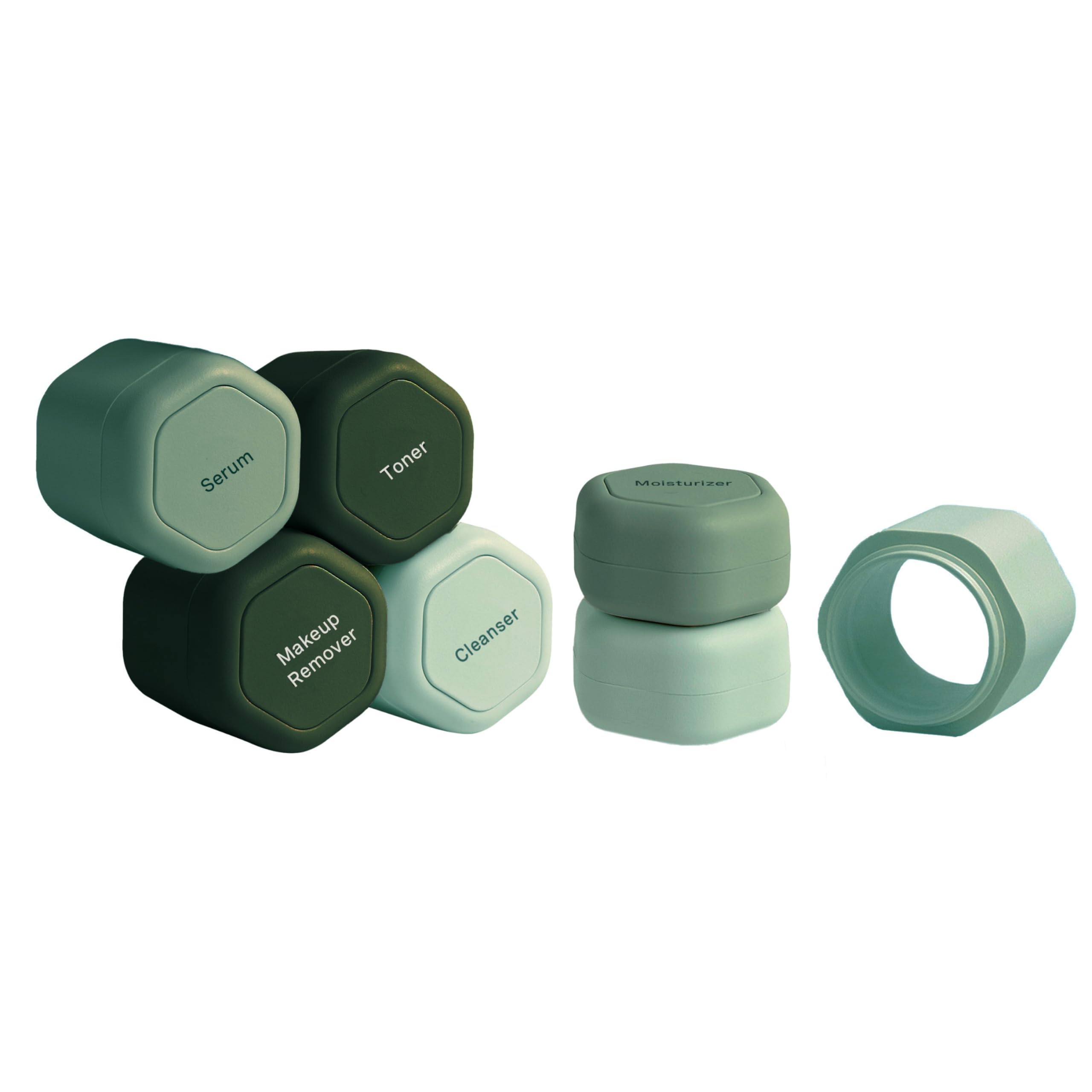 Magnetic Travel Skincare Containers Set - 6 Leak-Proof Capsules (2 Small 0.56oz & 4 Medium 1.32oz) with Extender (1.43oz) & Labels - Perfect for Airplane Carry-On, Gym Bag & Weekend Getaways - Evergreen Collection