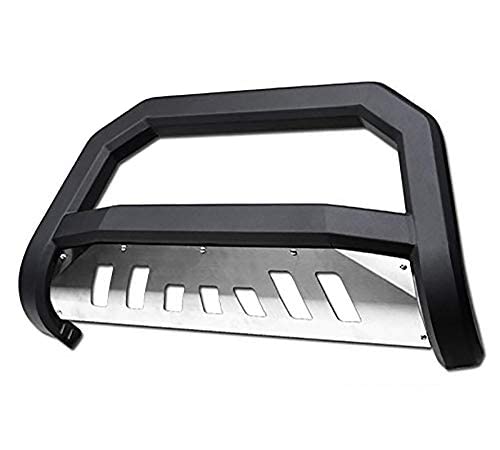 Matte Black Solid Edge Bull Bar Brush Push Guard with Skid Plate - Compatible with 2011-2013 Dodge Durango & 2011-2015 Jeep Grand Cherokee - Off-Road Protection for Bumper & Grille