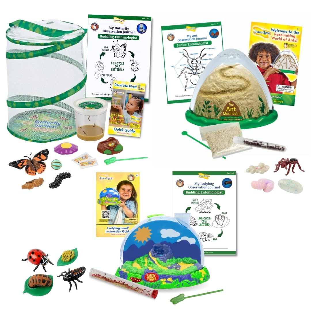 Insect Lore Bug Camp Bundle - Live Caterpillars Butterfly Kit, Ladybug Land with Live Larvae, Ant Mountain with Live Harvester Ants | STEM Educational Toys for Kids | Perfect for Classroom Science Projects & Backyard Exploration