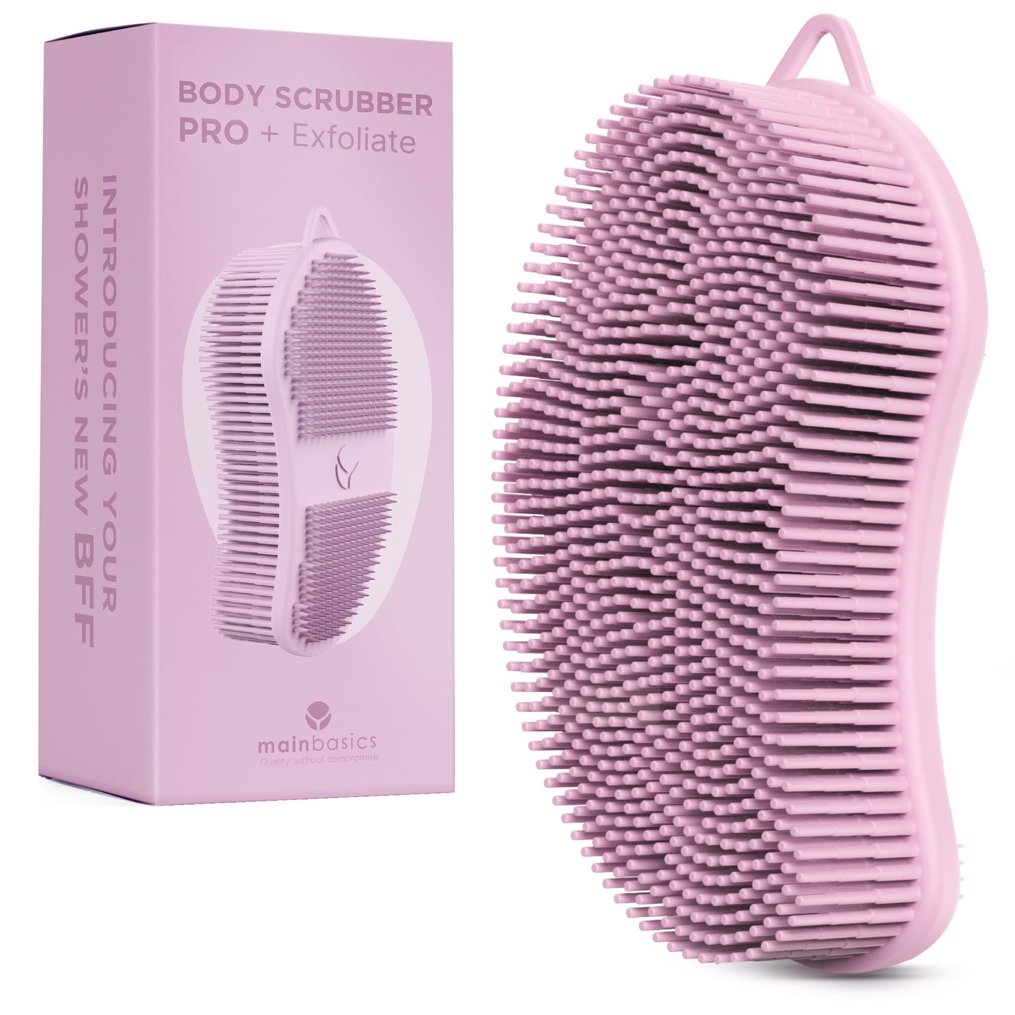 MainBasics 2-in-1 Silicone Body Scrubber & Exfoliator - Gentle Shower Loofah for Smooth Skin, Pink | Perfect for Daily Body Care & Spa Treatments