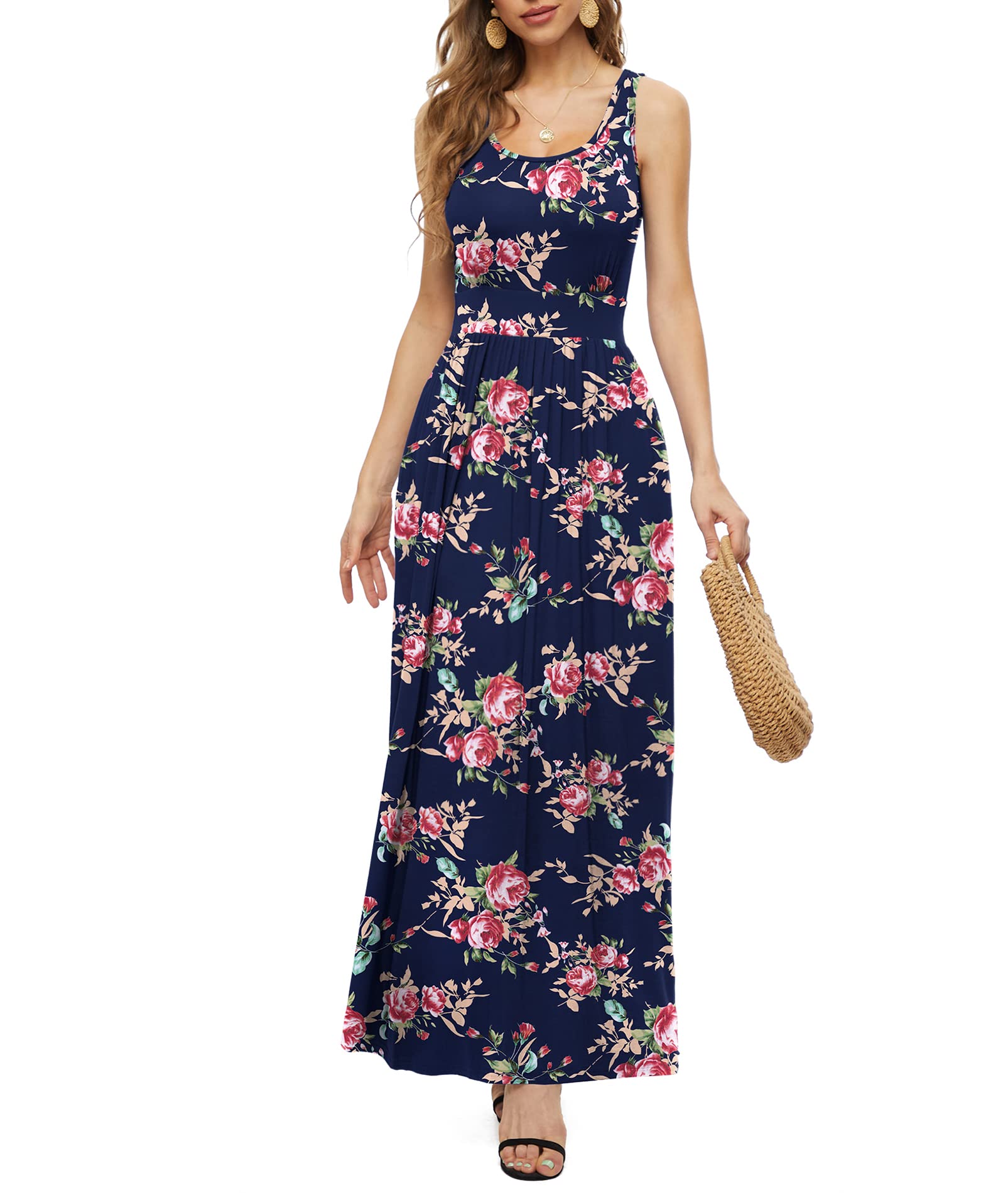 LILBETTER Women's Sleeveless Maxi Dress with Pockets - Empire Waist Flowy Long Summer Dress for Beach, Vacation & Casual Outings
