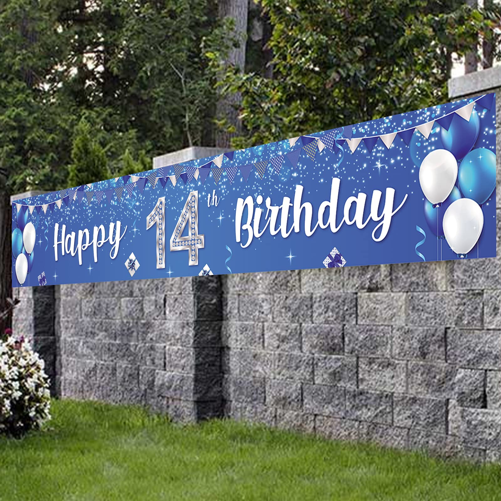 14th Birthday Party Decorations - Happy Birthday Banner, Balloons, Crystal Glittery Stars & Confetti Set for Boys & Girls | Silver & Blue Theme Backdrop | Perfect for 14th Birthday Celebrations, Milestone Parties & Teen Decor