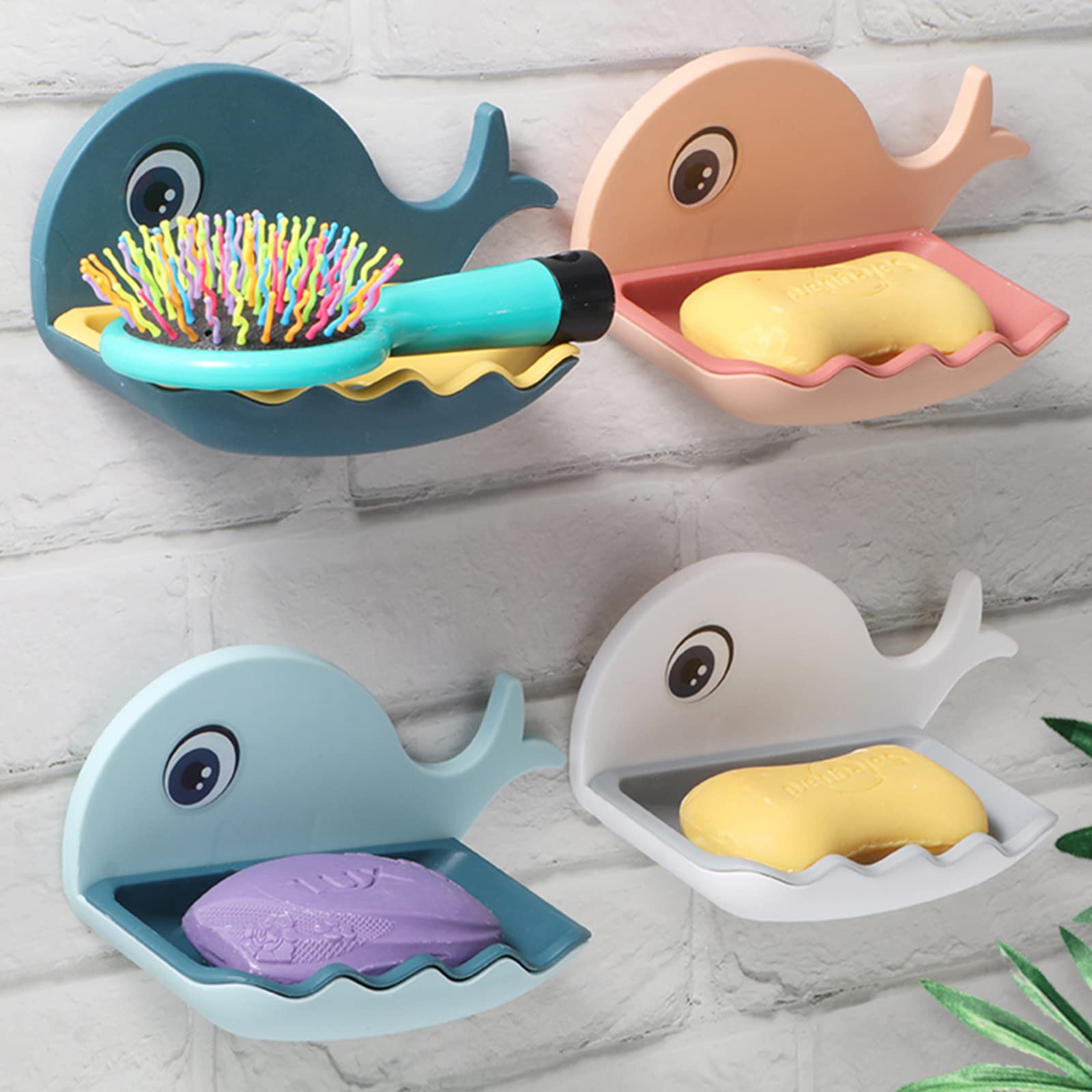 Wolpin Soap Holder for Bathroom & Kitchen - Wall Mounted Soap Dish with Magic Stickers, Fish Design (Pack of 2, Random Color Plastic) - Perfect for Sink, Shower, and Countertop Organization