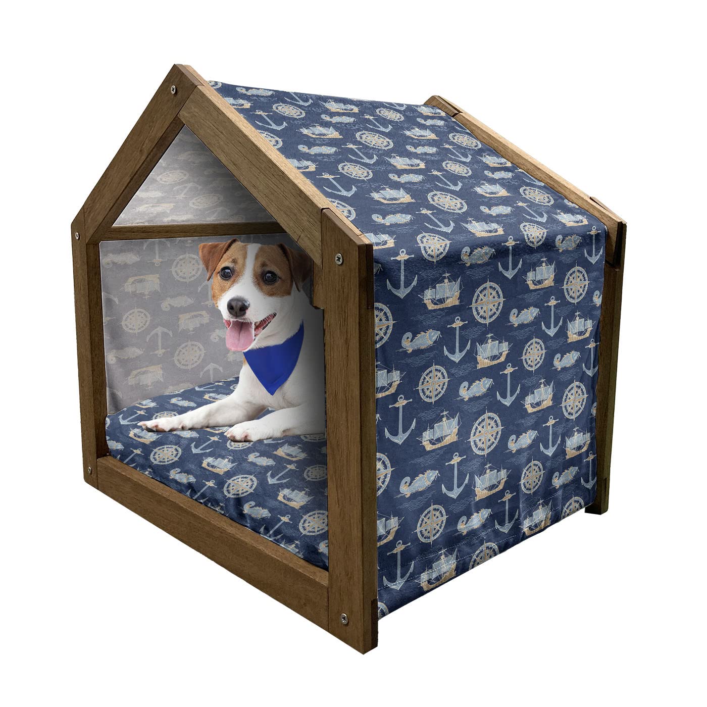 Ambesonne Wooden Pet House for Cats & Dogs - Nautical Anchor & Vintage Sailing Yachts Design, Indoor & Outdoor Portable Kennel with Removable Pillow Cover, Small Size in Tan & Night Blue - Perfect for Home, Patio or Backyard Use