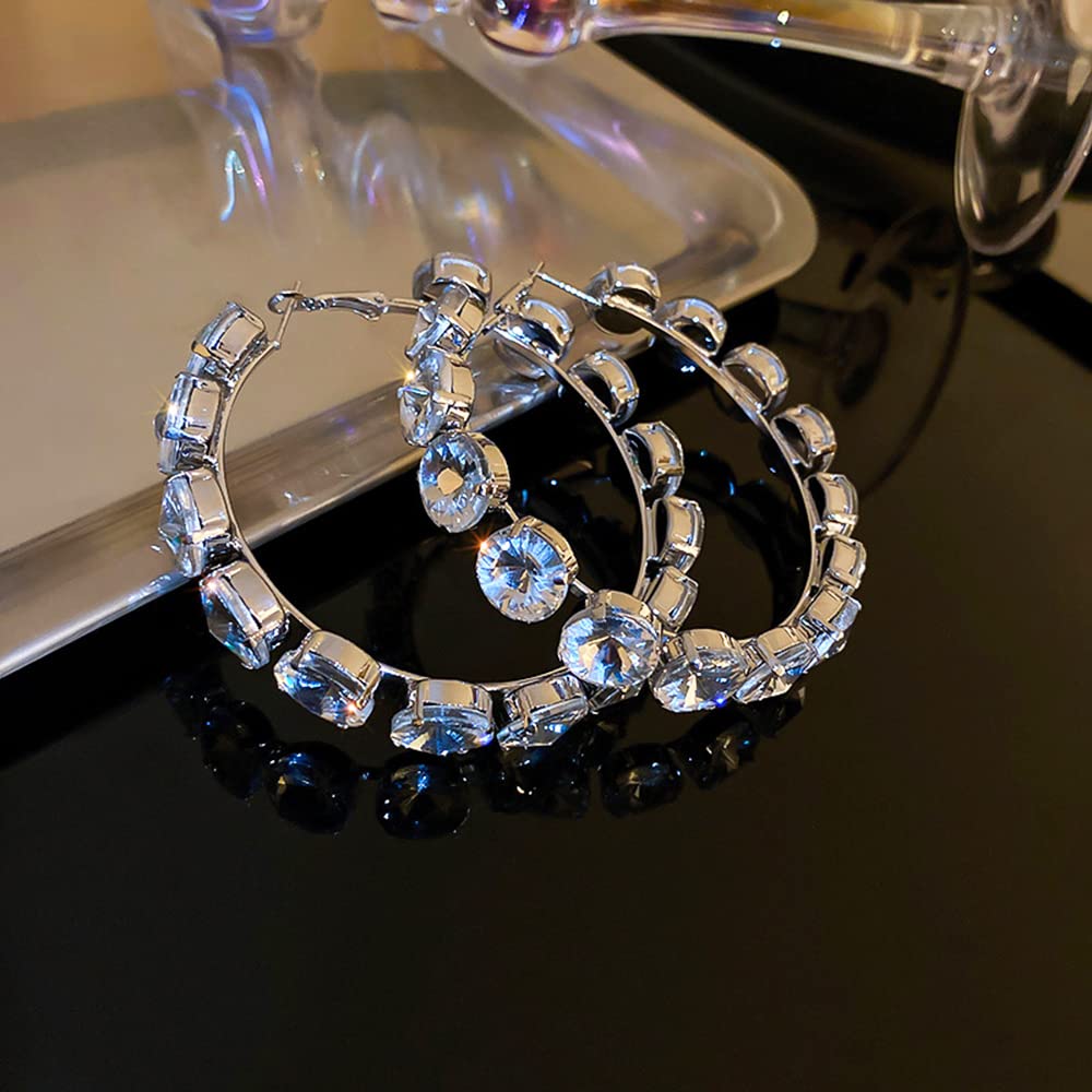 Sparkling Rhinestone Large Hoop Earrings for Women - Colorful Geometric Circle Dangle Earrings, Chunky Huggie Hoop Jewelry (Silver) | Perfect for Parties, Weddings & Night Out Accessories