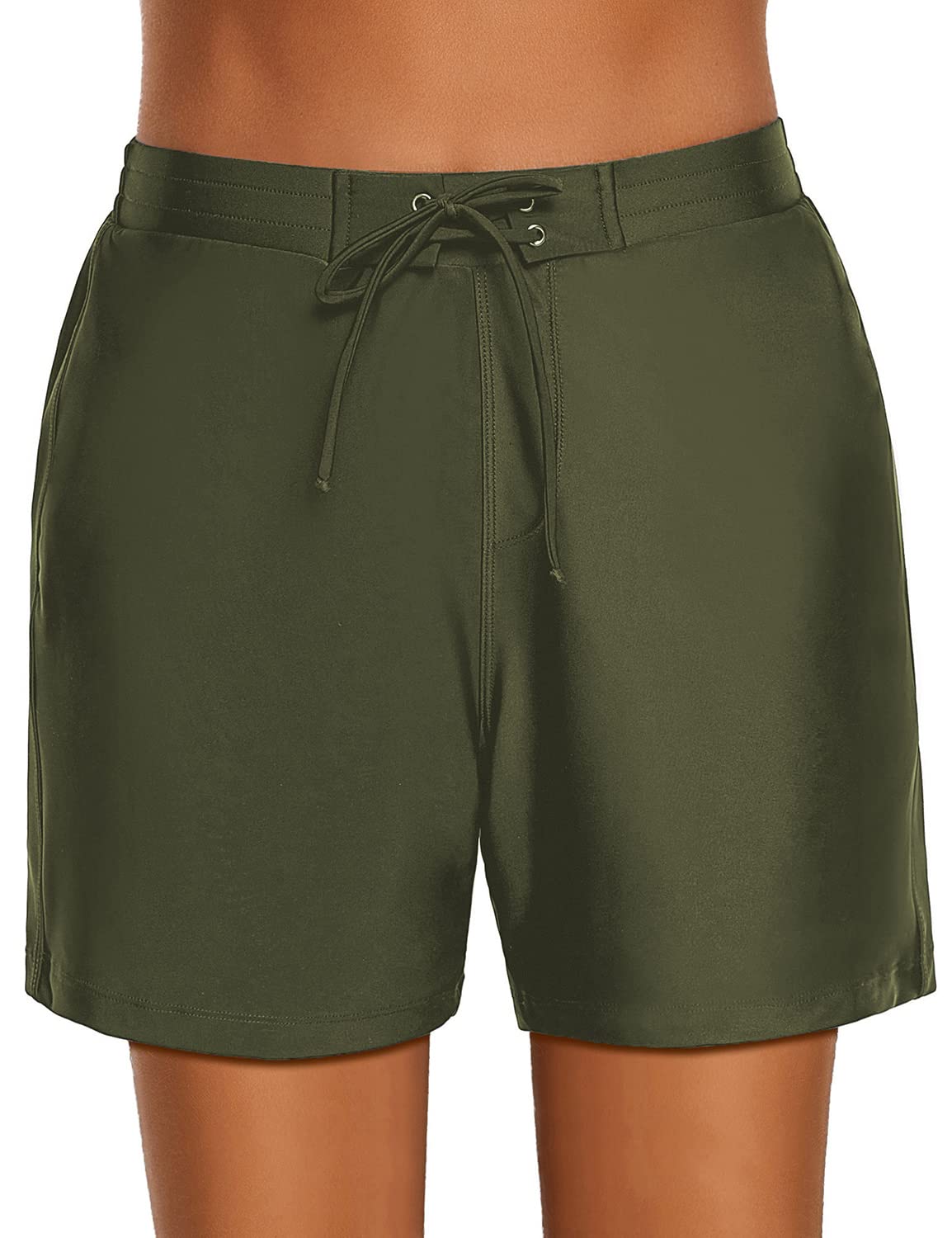 Stylish Women's Mid Waist Swim Shorts - Elastic Waist Lace Up Board Shorts for Swimming, Surfing & Beach Activities | Quick Dry Long Swim Bottoms for Women