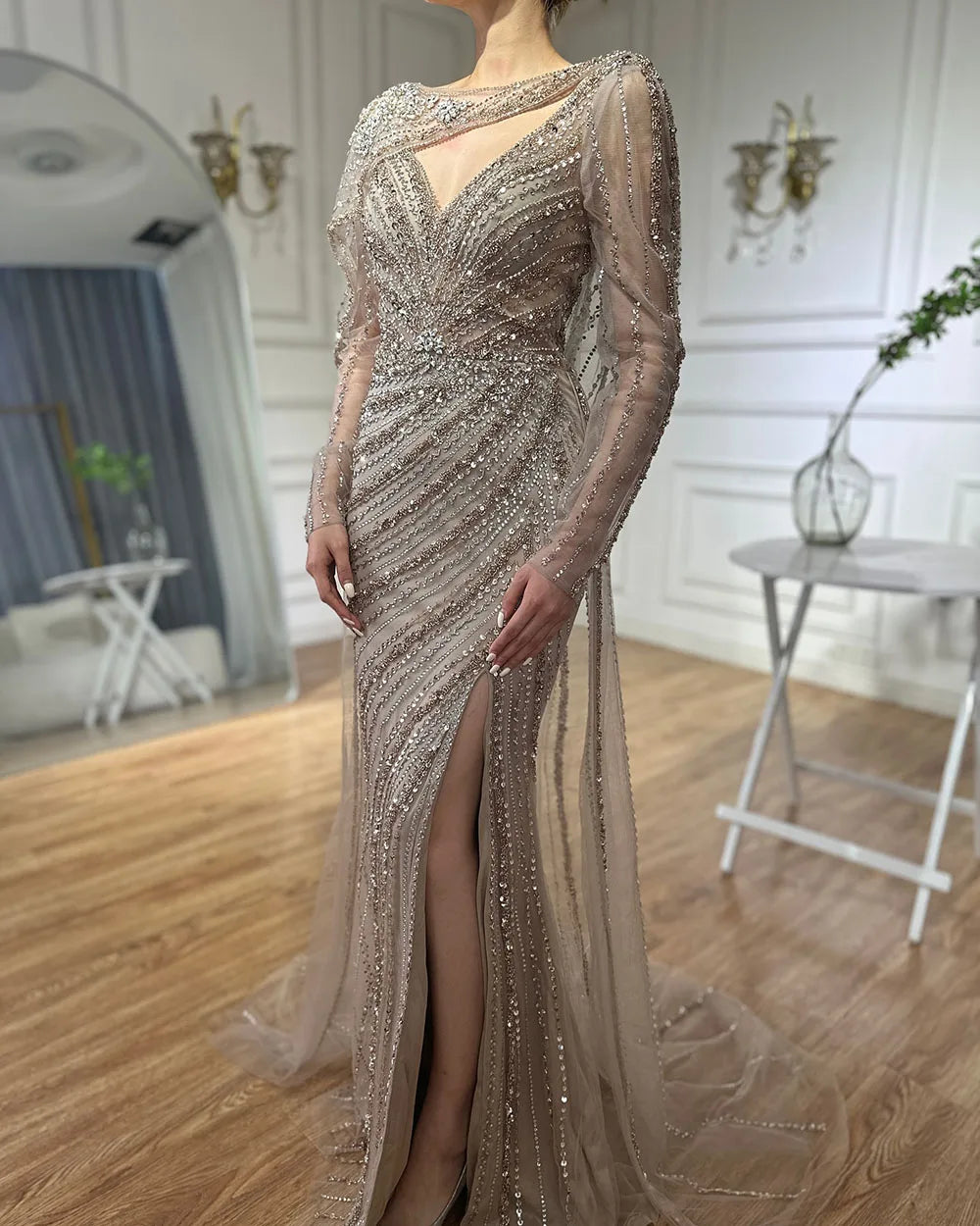 Luxury Dubai Brown Mermaid Evening Dress with Beaded Elegant High Slit - Formal Gown for Prom, Wedding & Red Carpet Events - LA70301L