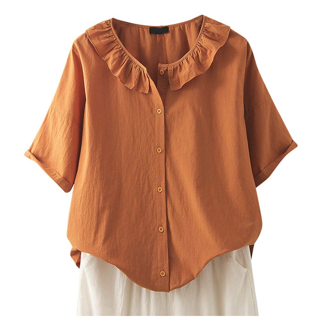Women's Summer Casual Tops - Solid Color Single Breasted Shirts with Bell Sleeves | Crew Neck Loose Tee Blouse for Work, Date Night & Vacation Outfits