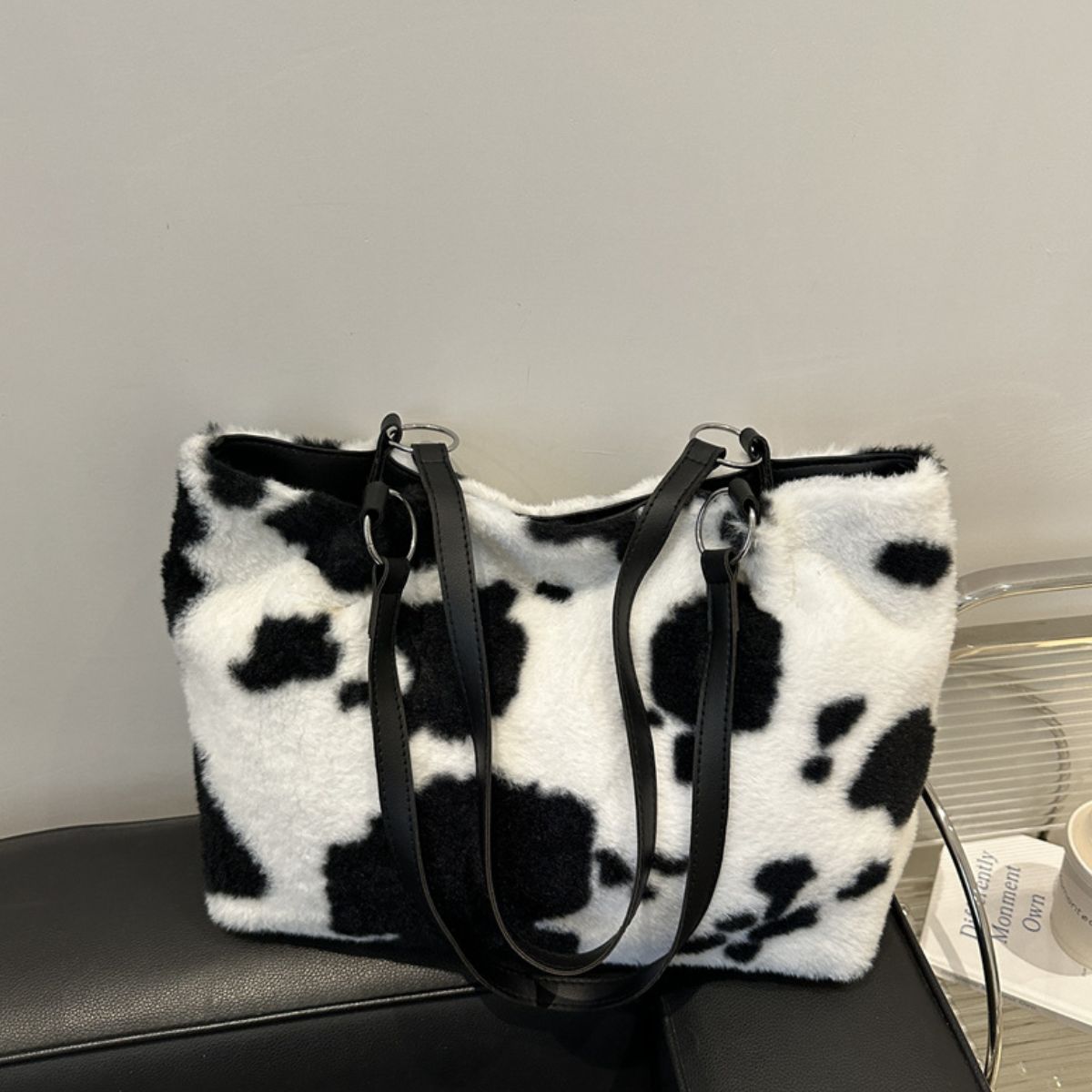 Stylish Cow Print Furry Tote Bag for Women - Trendy Animal Pattern Handbag - Perfect for Shopping, Beach, and Daily Use