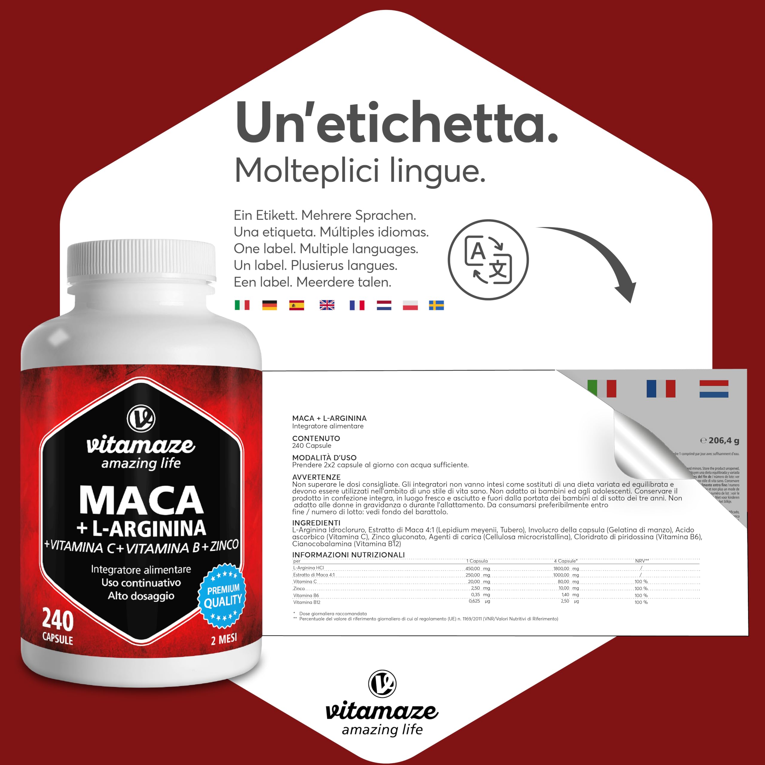 Vitamaze Maca (Black Maca) 4000mg with L-Arginine 1800mg + Vitamin C, B6, B12 & Zinc, 240 Capsules - Peruvian Maca Root from Andes, German Quality, No Additives - Boost Energy, Stamina & Libido for Men & Women