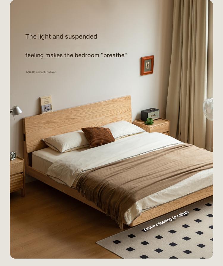 Solid Oak Wood Modern Floating Bed Frame - Queen Size, Sturdy Platform Bed with LED Lights for Bedroom, Living Room, Guest Room