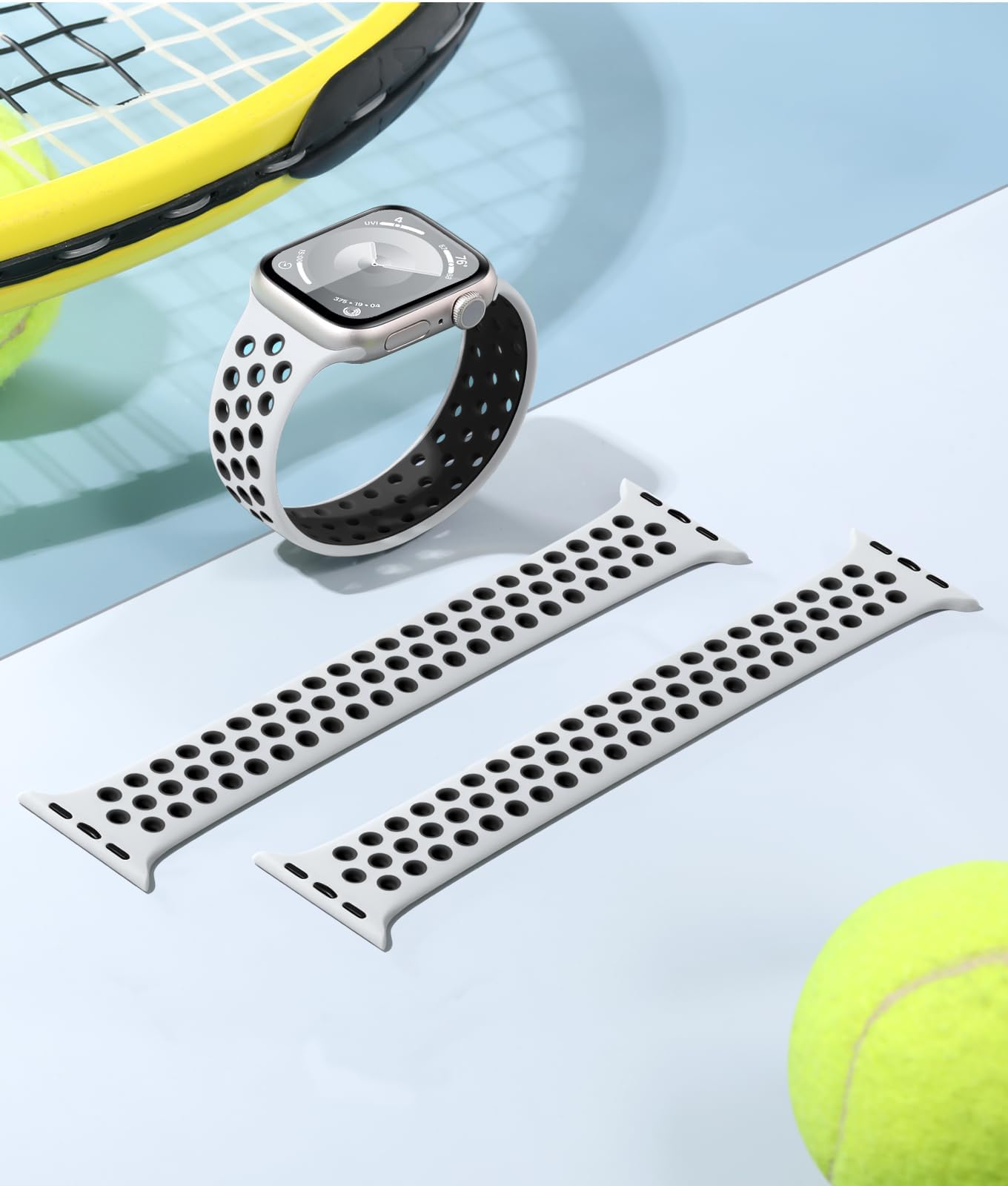 Breathable Soft Silicone Sport Loop Strap Compatible with Apple Watch 40mm 41mm 38mm - iWatch Series 9/8/7/6/5/4/3/2/1/SE/Ultra - Adjustable Band for Women & Men (White/Black) - Perfect for Running, Gym & Daily Wear