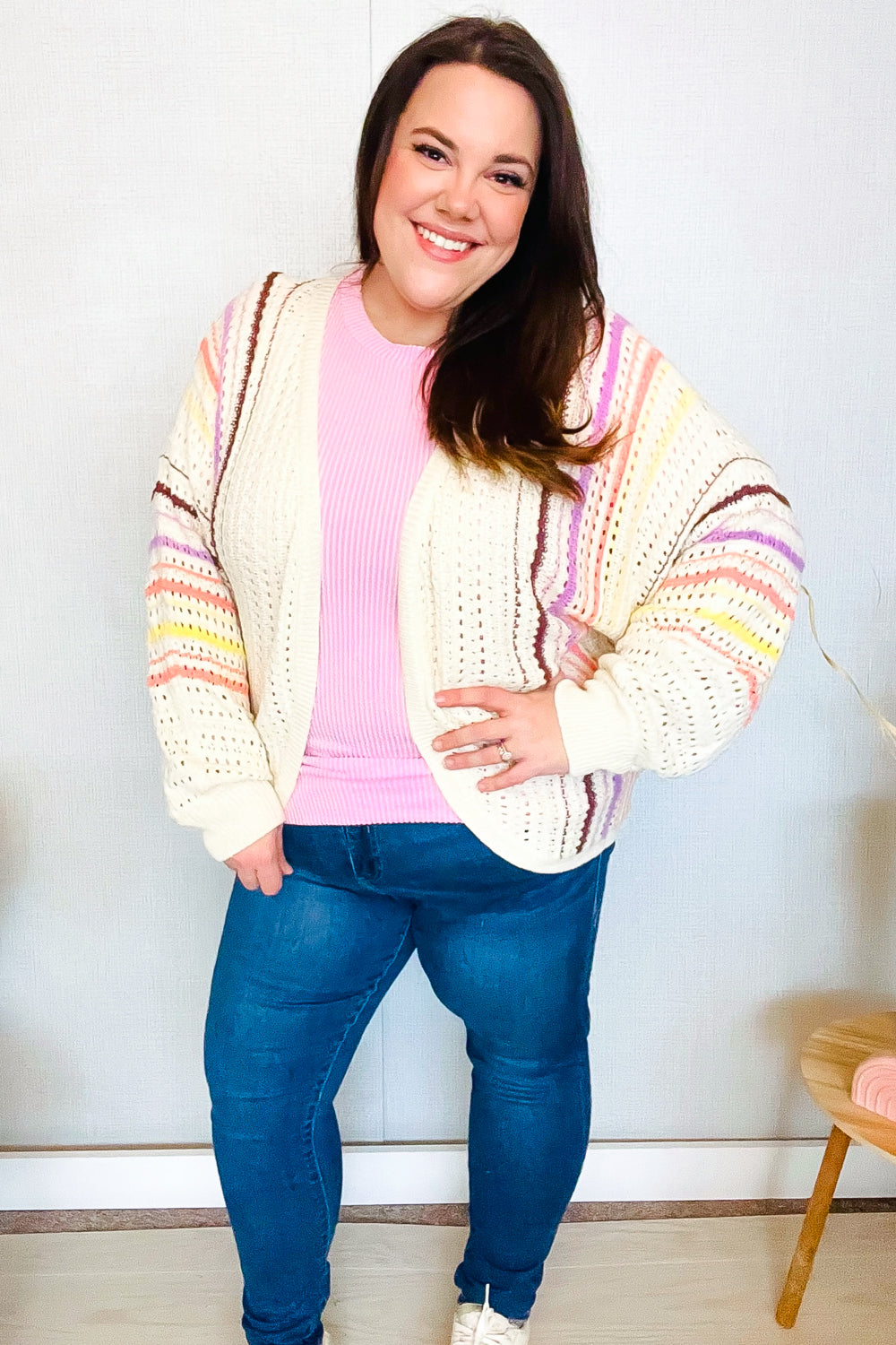 Easy Living Oatmeal Multicolor Stripe Dolman Crochet Cardigan Sweater - Cozy Boho Chic Knitwear for Women | Perfect for Fall Layering, Coffee Dates & Casual Outings