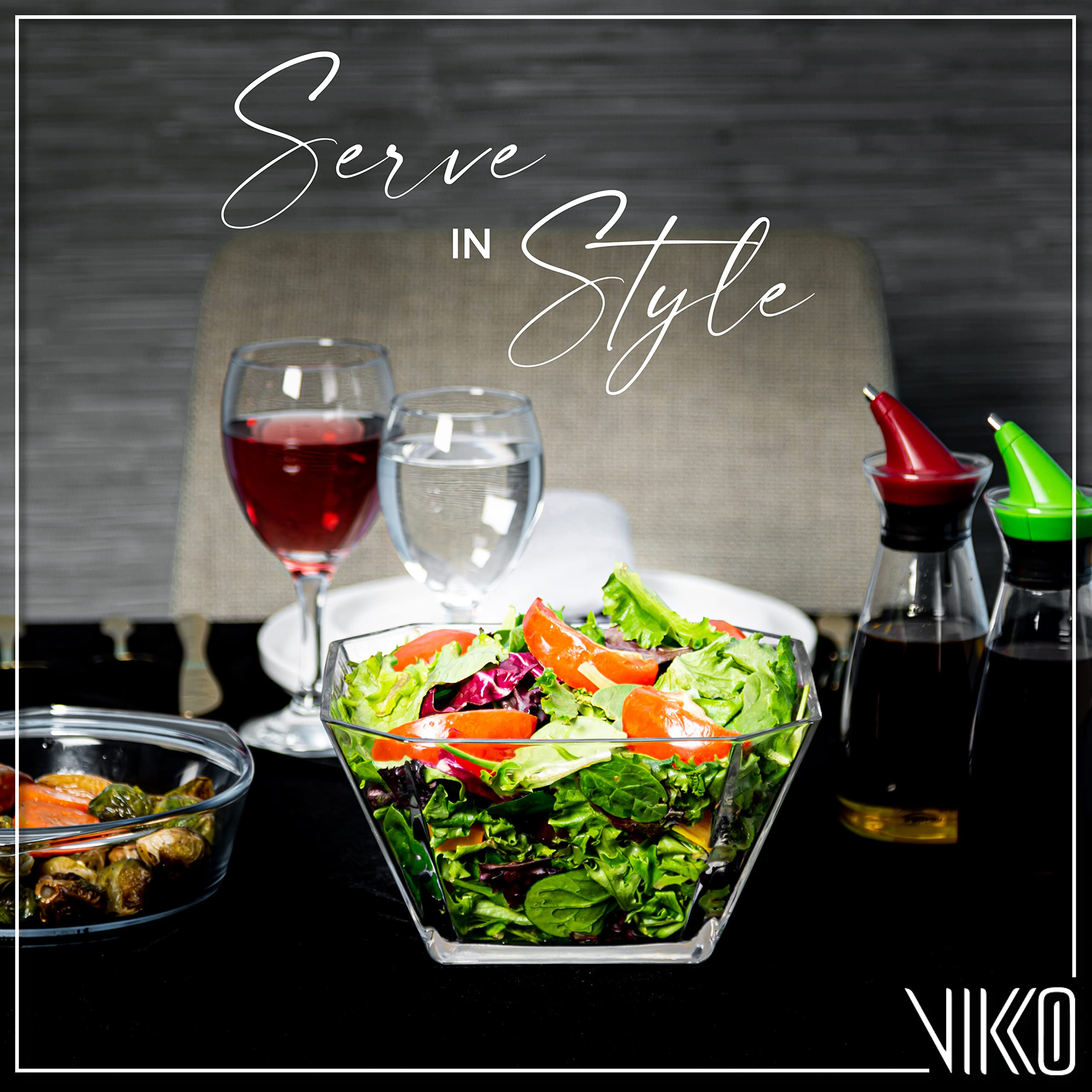 Vikko Glass Salad Bowls - 64oz Thick Square Clear Glass Serving Bowls for Snacks, Fruits, Salads & Entertaining - 2 Quart Decorative Bowl for Kitchen, Dining Table & Party Serving (Set of 2)
