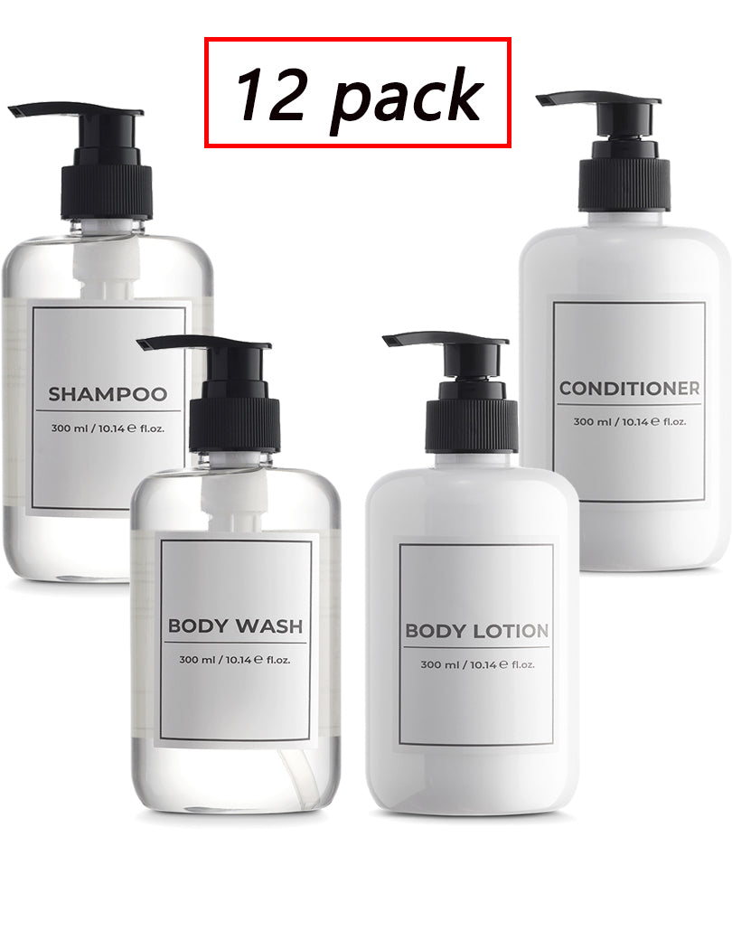 12-Piece Prefilled Toiletries Travel Set with 10oz (300ml) Pressure Pump Bottles - White Label | Perfect for Hotels, Gyms, Spas & Vacation Essentials