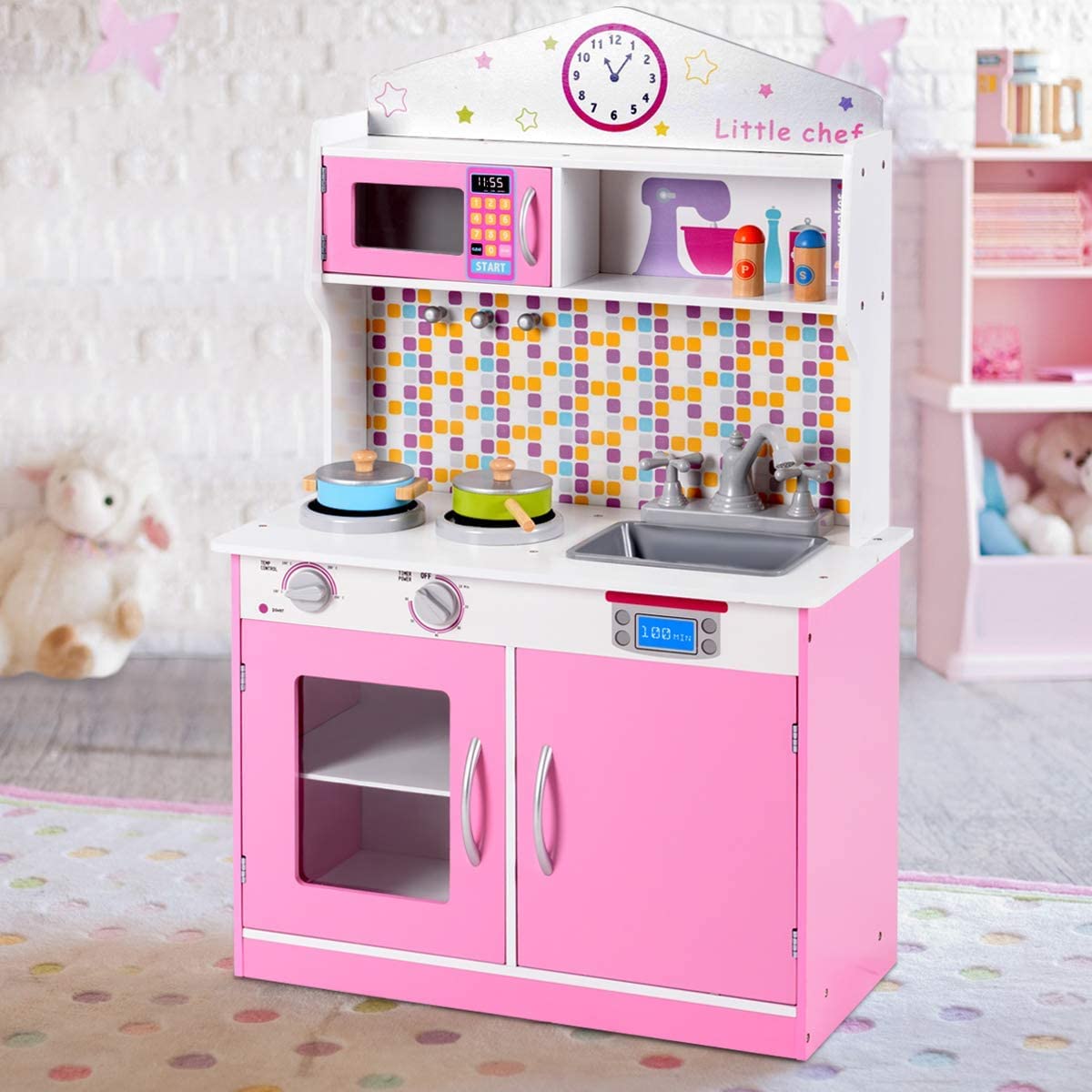 ARLIME Wooden Kids Kitchen Playset with Removable Sink, Microwave & Cookware - Large Storage Cabinet Pretend Play Toy for Boys & Girls (Pink) | Perfect for Home, Preschool & Daycare Role Play Activities