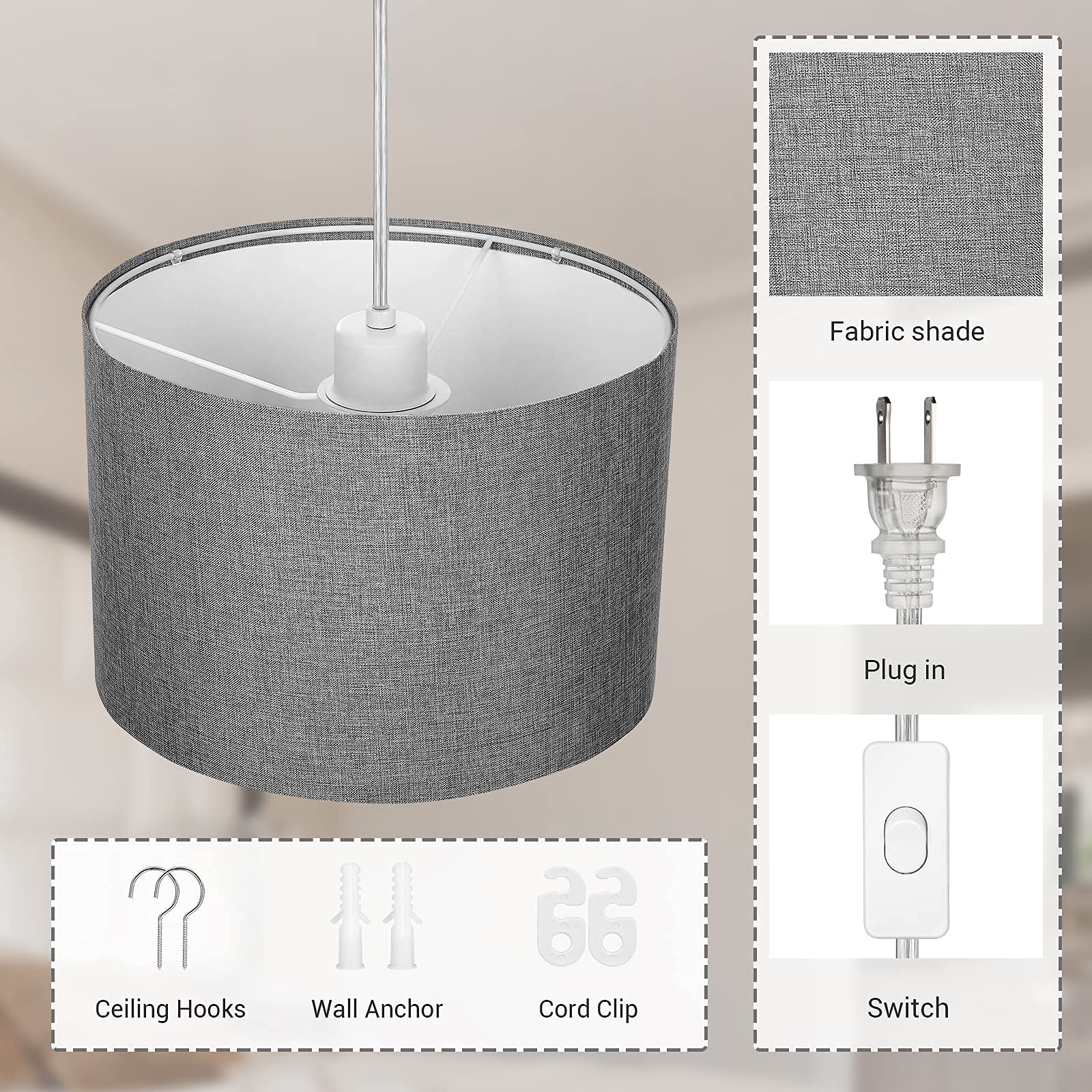 DEWENWILS Plug-in Wall Light with 15ft Clear Cord - Gray Fabric Lampshade Hanging Lamp with On/Off Switch - Perfect for Bedroom, Kitchen, Living Room & Dining Room Lighting Decor