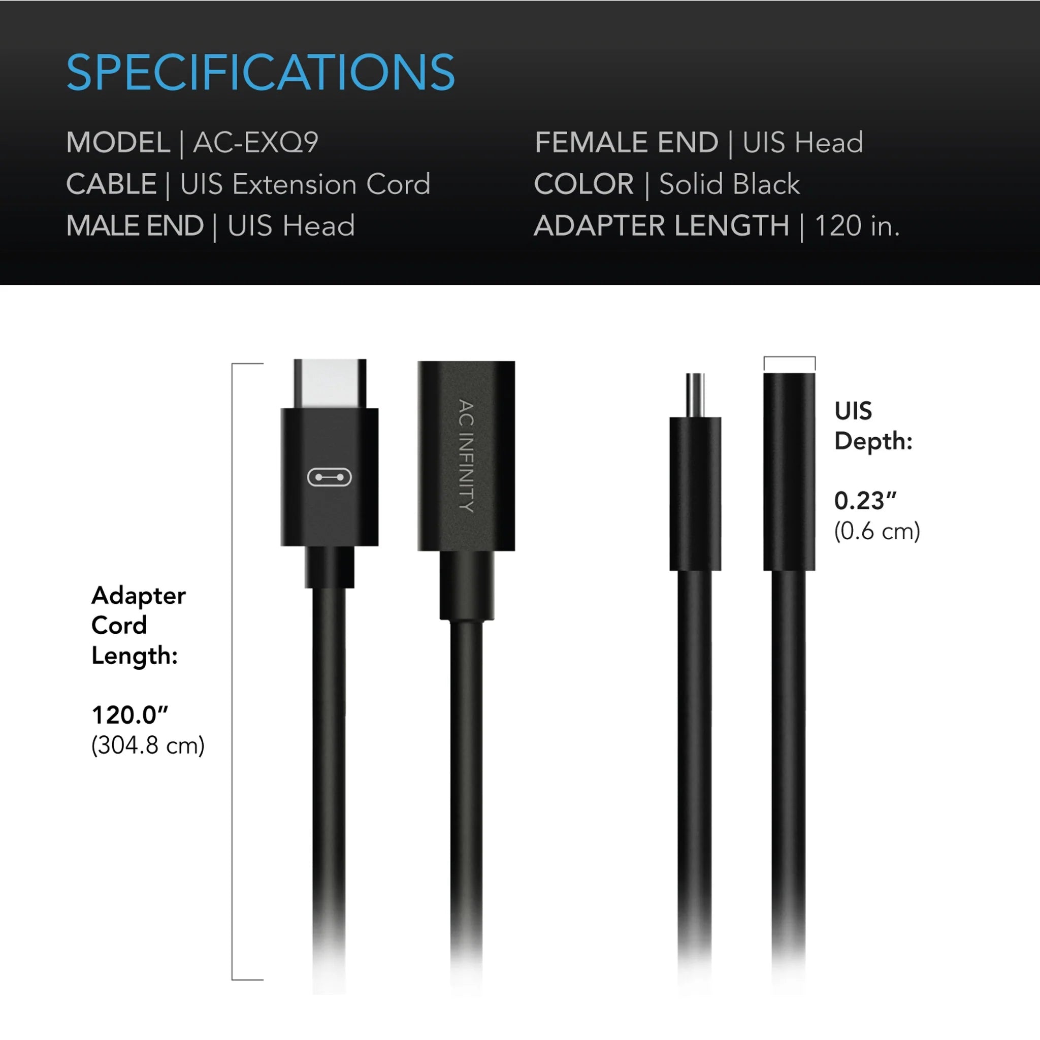 AC Infinity UIS to UIS Extension Cable - Female to Male 10ft (AC EXQ9) for Grow Tent Ventilation & Hydroponics System